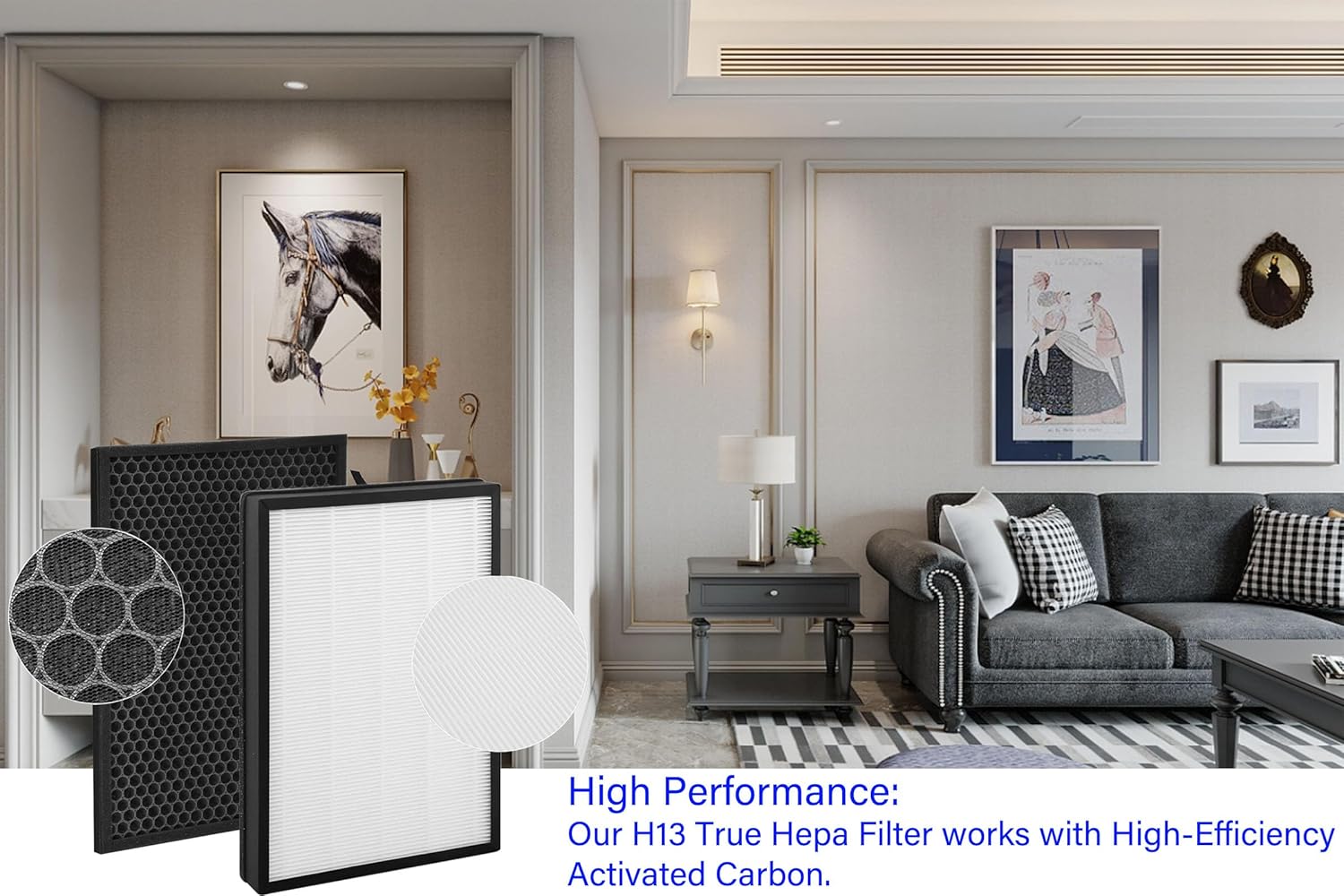 FA500 filters with magnified views of the HEPA and activated carbon layers, highlighting their high performance.