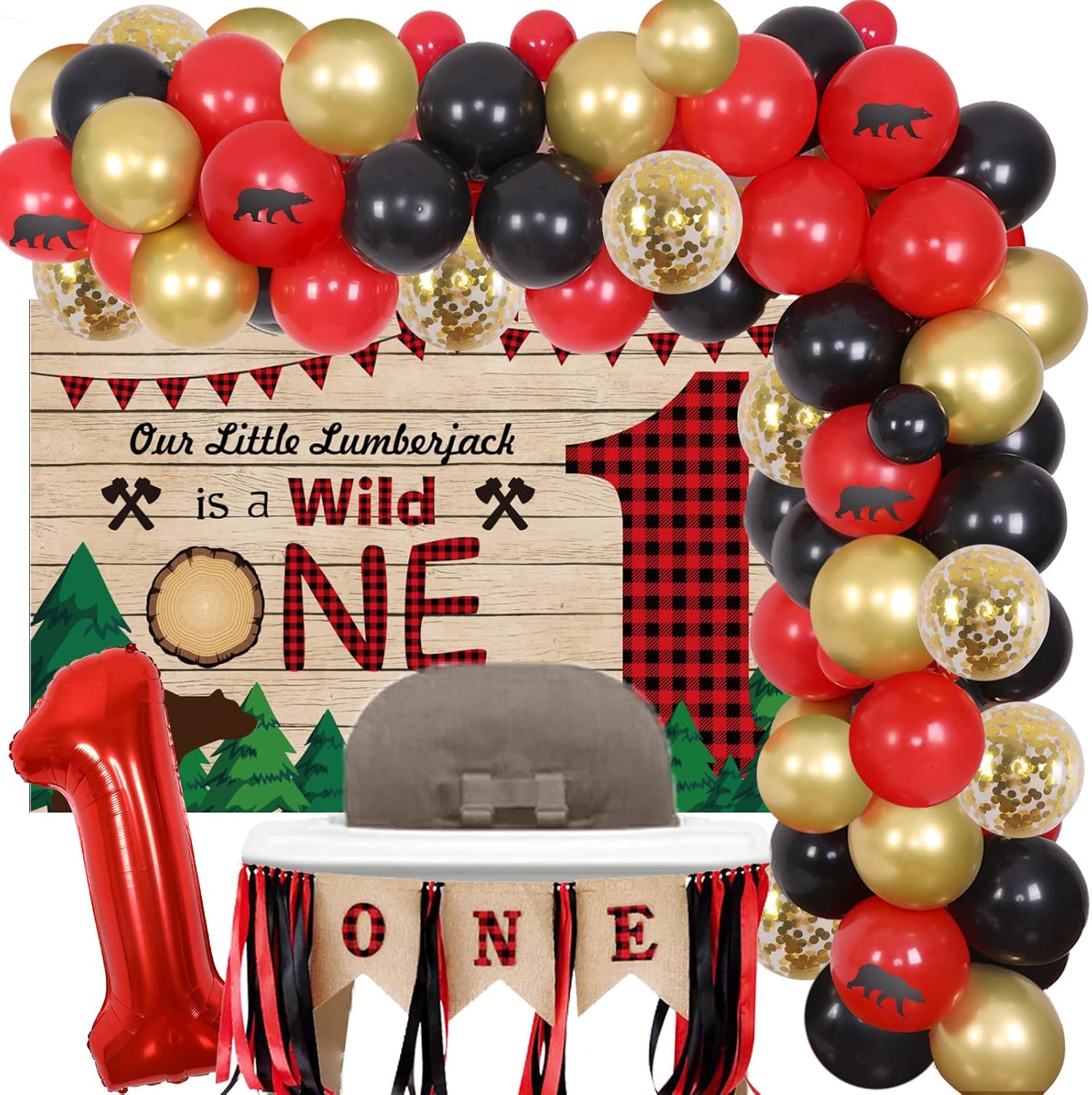 Lumberjack First Birthday Party Decorations, Buffalo Plaid Camping Balloon Garland Kit Wild One Backdrop Highchair Banner Bear 1st Birthday Party Supplies