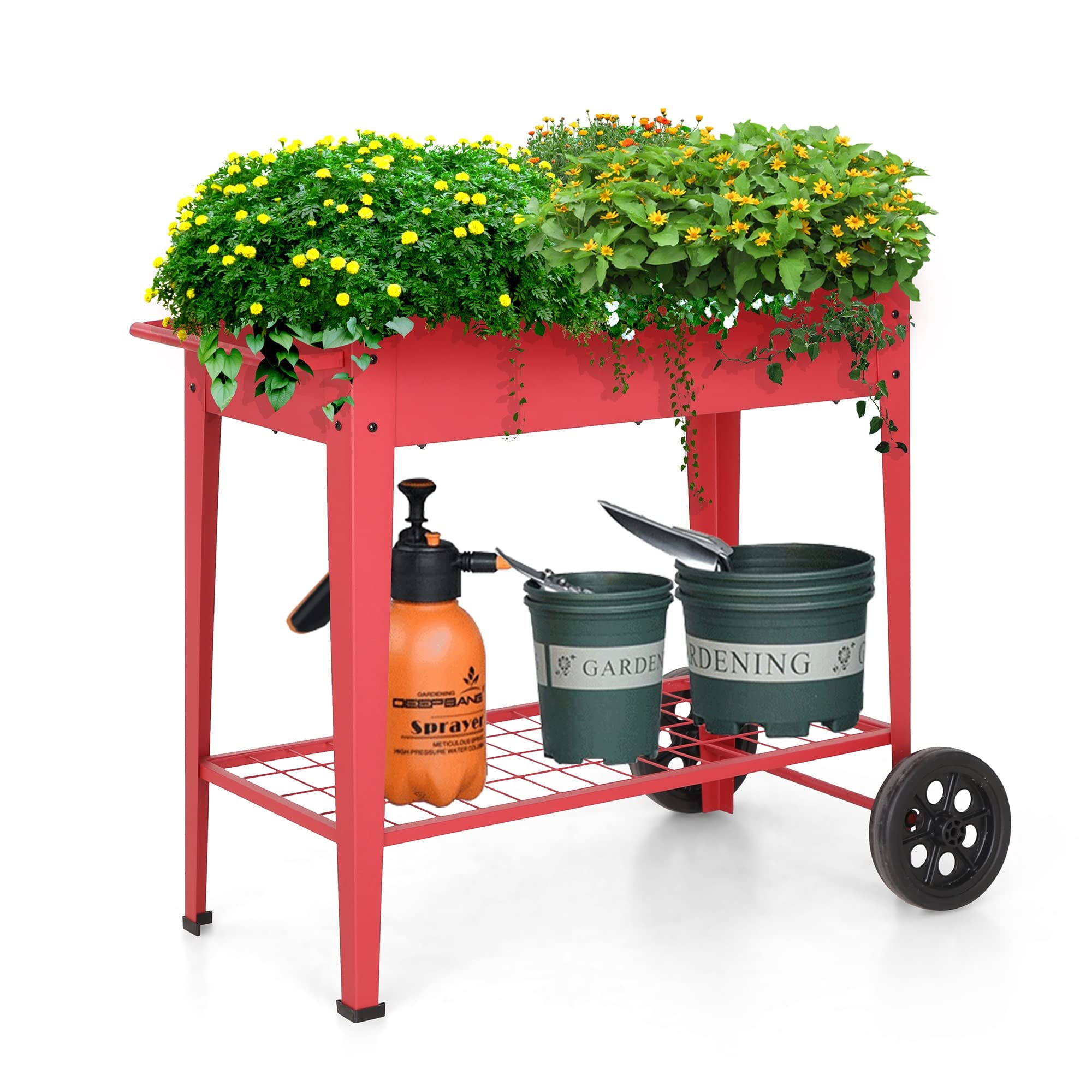 Sophia & William Planter Raised Beds with Legs and Wheels, Outdoor Metal Planter Box Elevated Garden Bed with Lower Shelf for Vegetables Flower Herb, Red