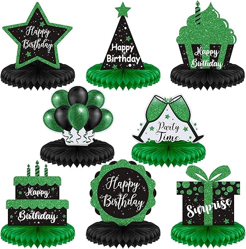 Yexiya 8 piezas de centro de mesa de cumpleaños negro y verde, centros de mesa de panal de abeja para hombres y mujeres, suministros de fiesta