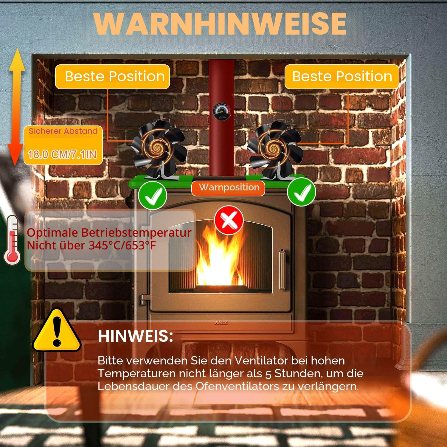 Kaminventilator ohne Strom, 8 Flügel Ofenventilator – Leiser Betrieb, mit Thermometer, Wärmebetriebene Feuerventilatoren für Holzofen/Kamin/Holzbrenner