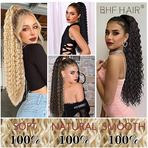 Miniatura 5 de Extensión de cola de caballo rizada ondulada de 26 pulgadas, color rubio ceniza con rubio decolorado, extensiones de cabello sintético con clip para