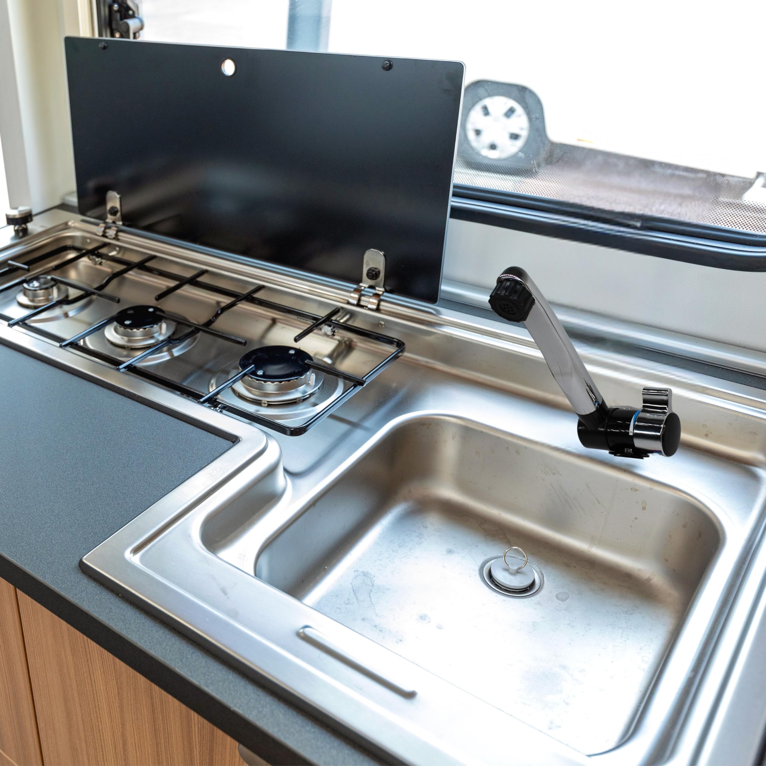 Comet Grifo de camping 12V London para autocaravana - Con 2 conexiones (agua caliente y fría), negro/cromado, grifo compacto con bomba, ideal para lavabo