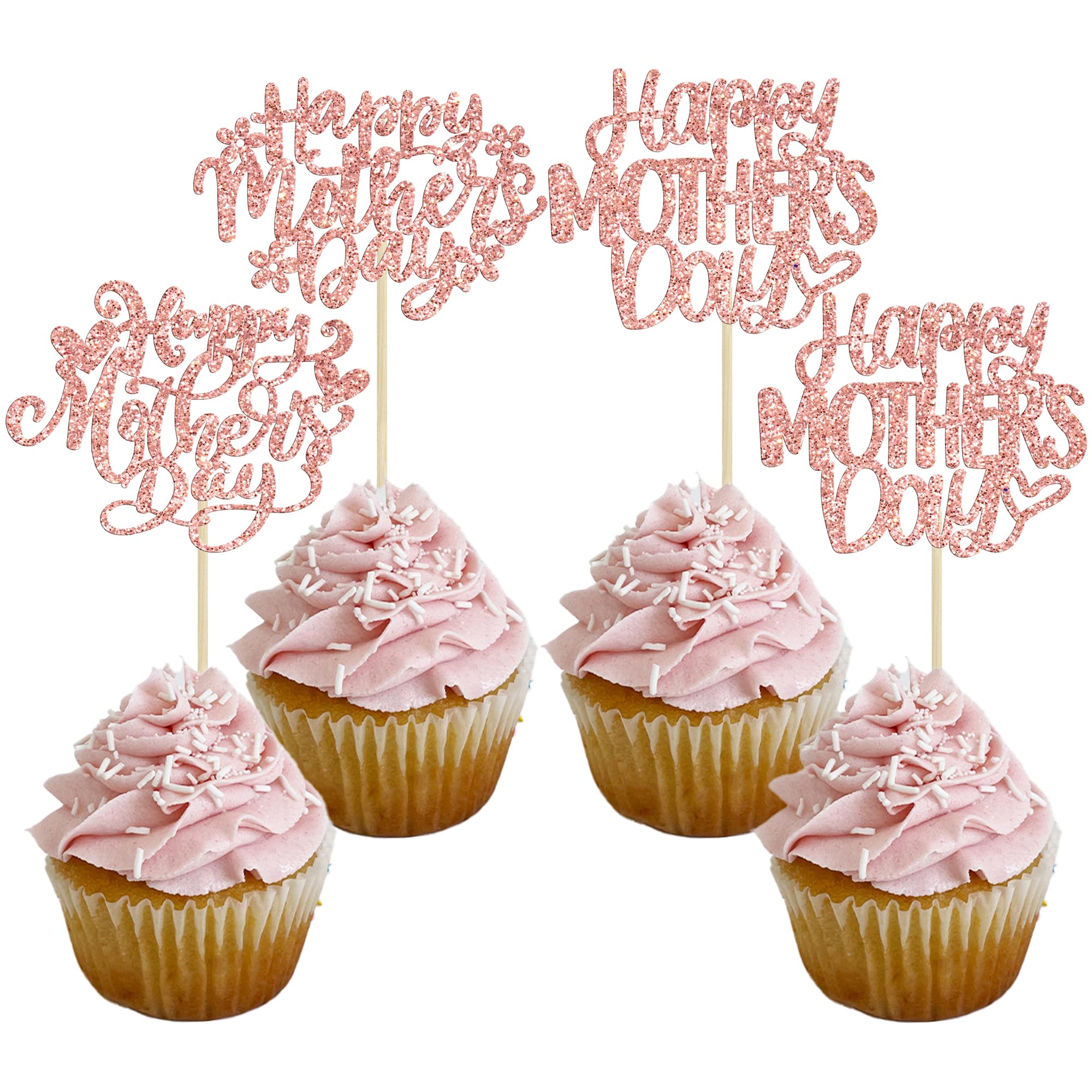 Ephlyn 24Pcs Happy Mothers Day Cupcake Toppers Mom Cupcake Picks Love Mum Cake Decoration Party Supplies for Mother's Day Party Decorations Supplies Rose Gold