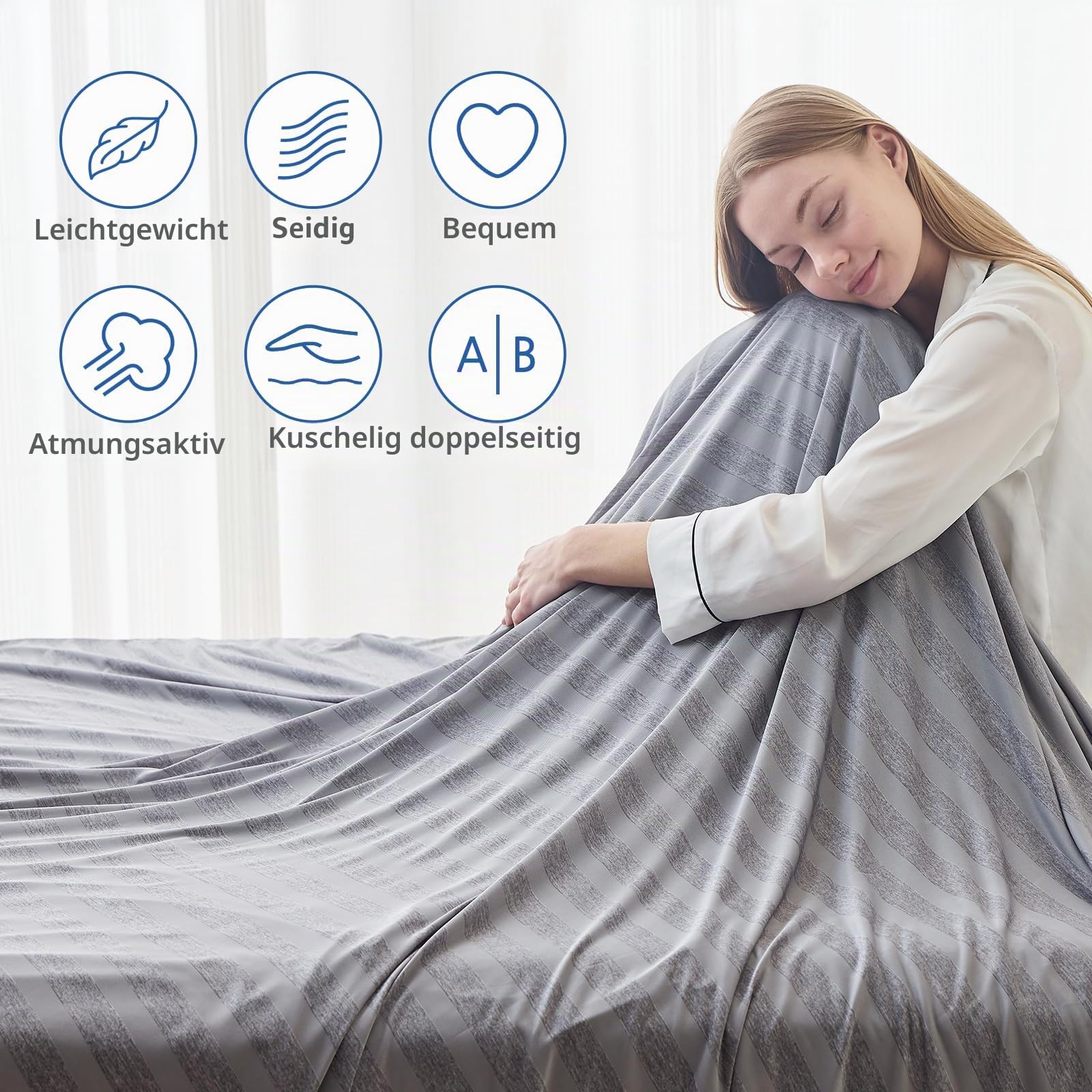 EMME Kühldecke Kühlende Decke, Arc-Chill Q-Max>0,5, 230 x270 cm, 2 in 1 Doppelseitige Dünne Sommerdecke, Leicht Atmungsaktiv Tagesdecken, Sofa Decken,Bettüberwurf Groß Kuscheldecke,Grau Gestreift