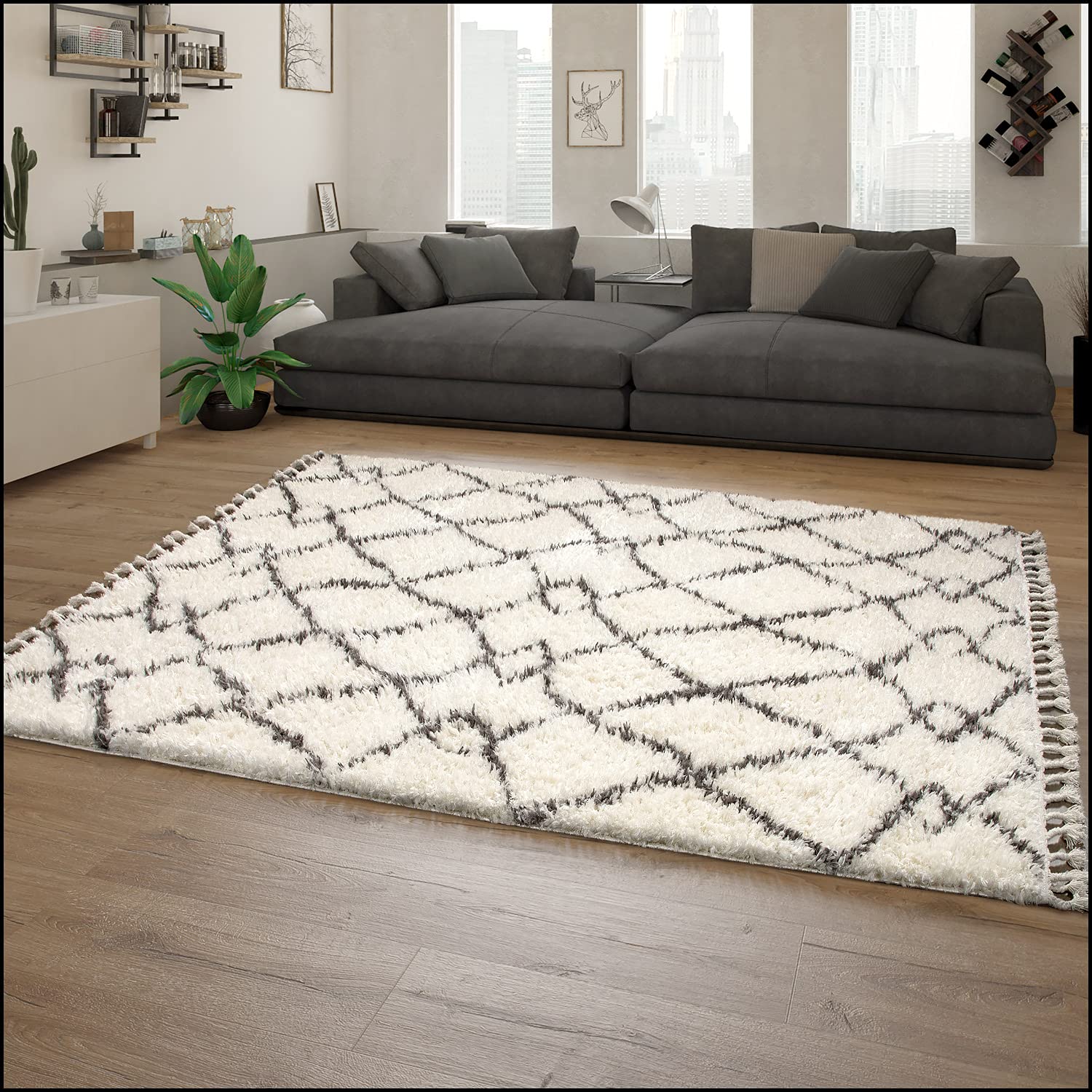 Paco Home Hochflor Teppich Wohnzimmer Shaggy Skandinavisch Fransen Flauschig Modern Langflor, Grösse:120x170 cm, Farbe:Creme