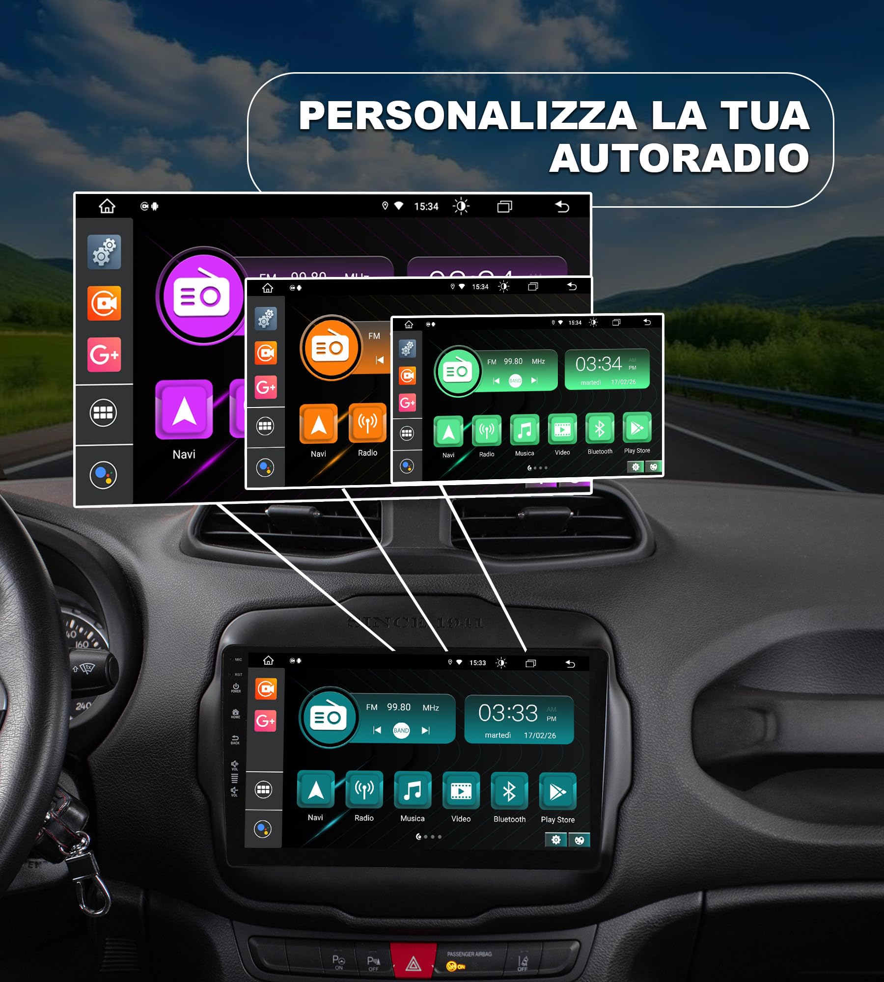 JF Sound - Autoradio Android JF-039JR-X9C - Per Jeep Renegade dal 2014-9" HD - CarPlay/Android Auto Wireless - GPS - 4GB RAM - 64GB ROM - DAB+ - WiFi - Bluetooth - Prodotto in Italia