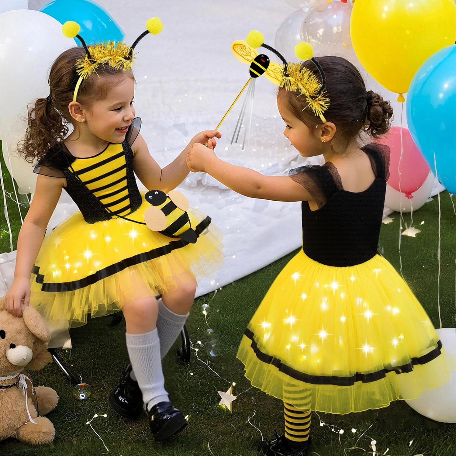 Latocos 8pcs Bee Costume Kids Toddler Light Up Bumblebee Tutu Dress Bee Wings Bag Socks Halloween Dress Up Gift - Image 6