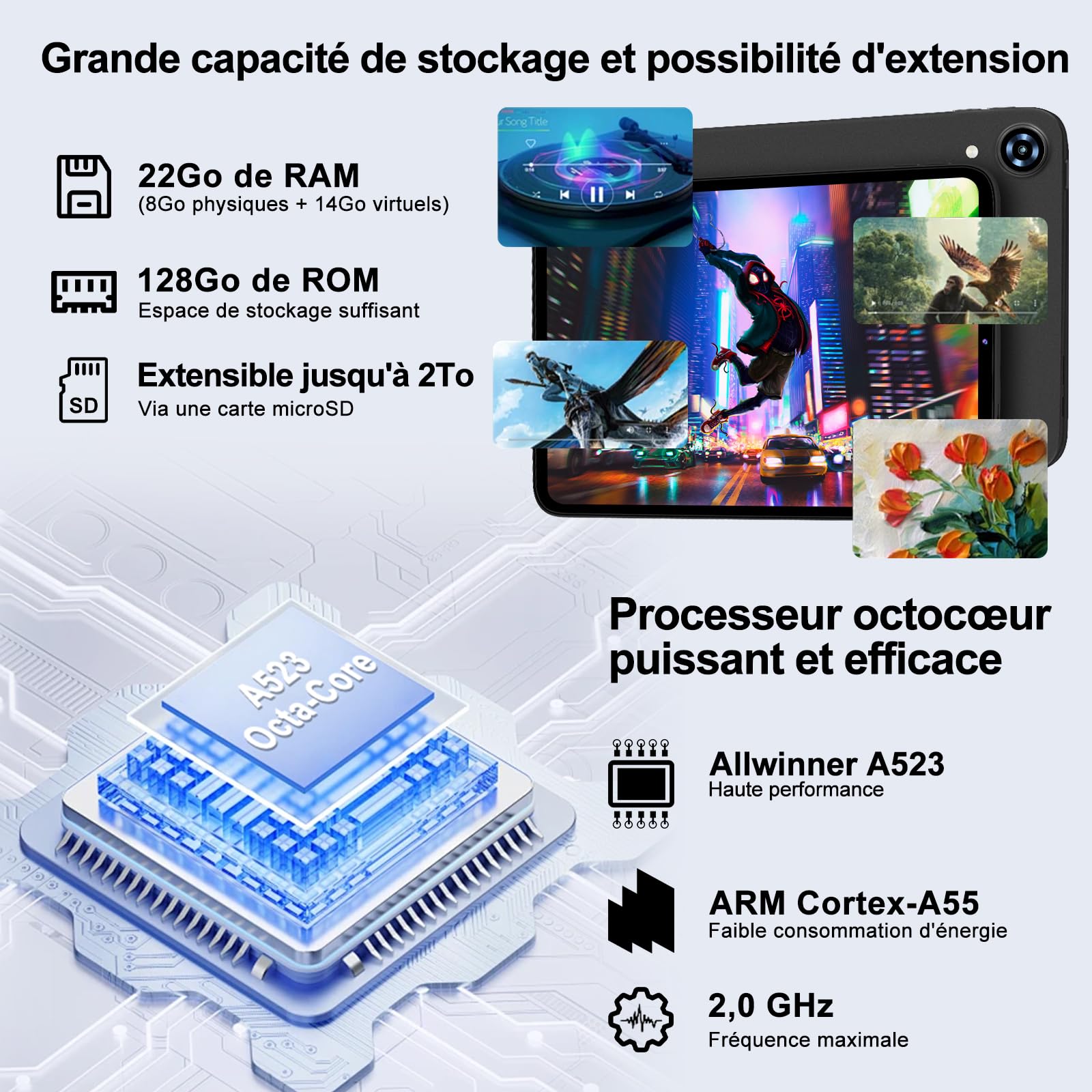 Tablette 10 Pouces Android 15 avec Gemini AI, 22Go RAM+ 128Go ROM(Extension de 2To), Octa-Core, WiFi 6, BT 5.0, Widevine L1, 6000 mAh, Corps métallique, Tablette Tactile avec Clavier et Souris, Gris