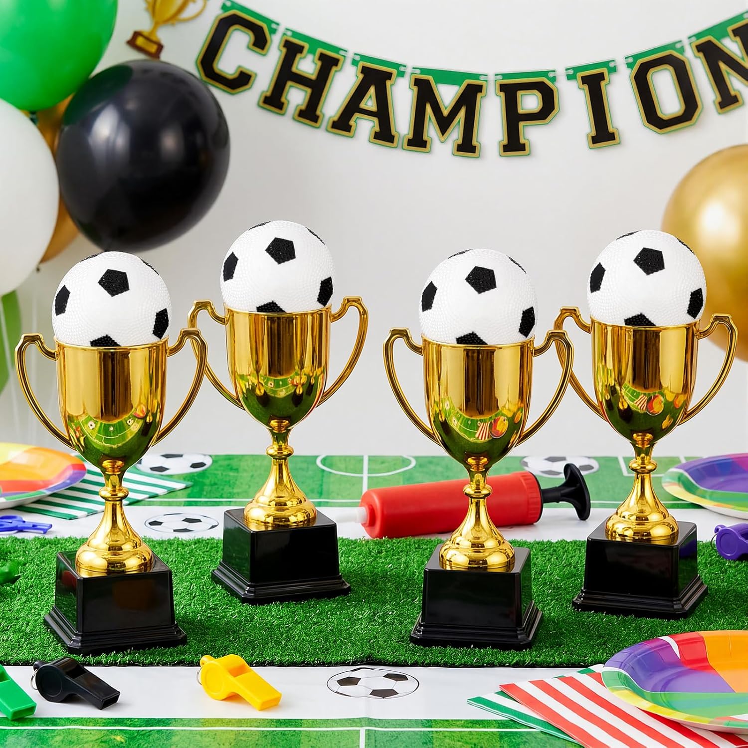 Gerrii 4 Sets International World Soccer Centerpieces World Soccer Party Decorations 2026 Include 4 Gold Plastic Trophy 4 Mini Balls 1 Air Pump