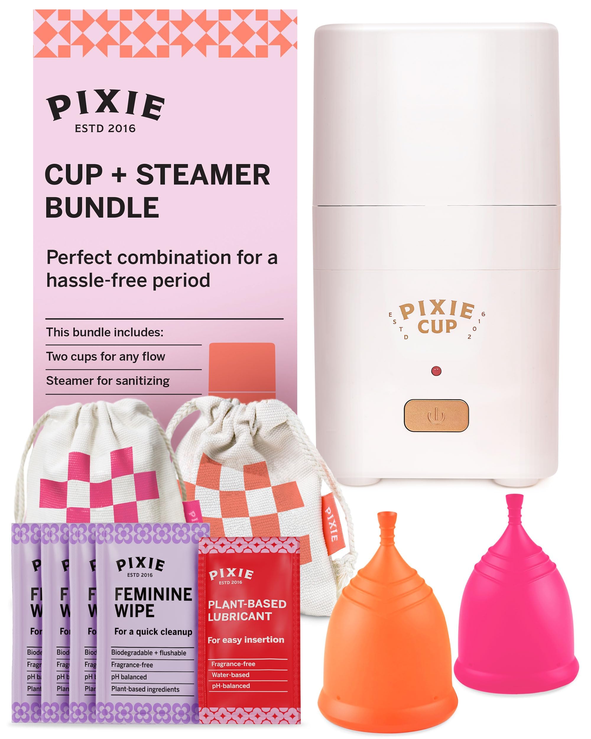 Pixie Menstrual Cups with Sterilizer - The Most Comfortable Soft Reusable Period Cup - Kills 99.9% of Germs with Clean Steam - Wash Your Cup in 3 Minutes! - Compact Sanitizer Kit for Feminine Care