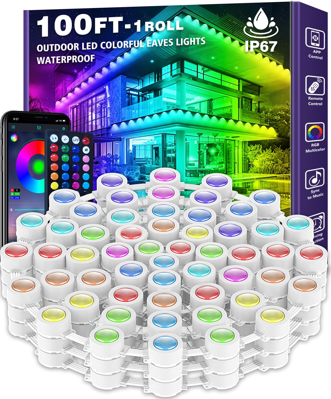 SINLEY 100FT Permanent Outdoor Lights,DIY Scene Modes IP67 Waterproof Outdoor Under Eave Lighting,RGB Eaves Lights with App Control Remote