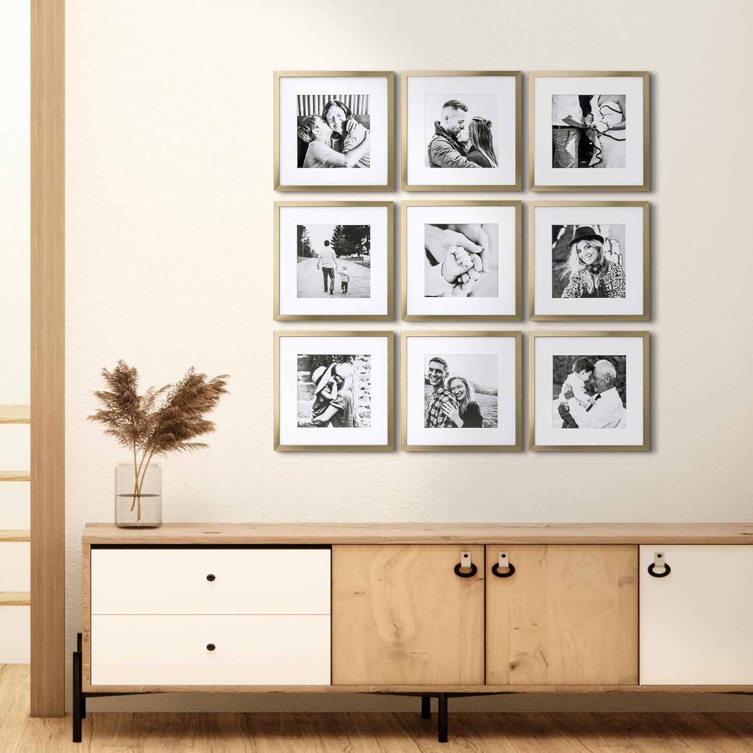 ArtbyHannah Square Picture Frame, Gold Gallery Wall Frame Set Display Pictures 8x8 inch with Mat or 12x12 inch Without Mat, Wall Hanging Photo Frame for Living Room or Staircase Decoration (9 Pack) - Image 7