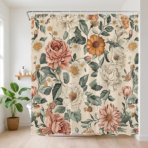 Cortina de ducha vintage con flores para baño, cortina de ducha retro floral oscura con peonía, tela de poliéster, decoración de baño rústica de