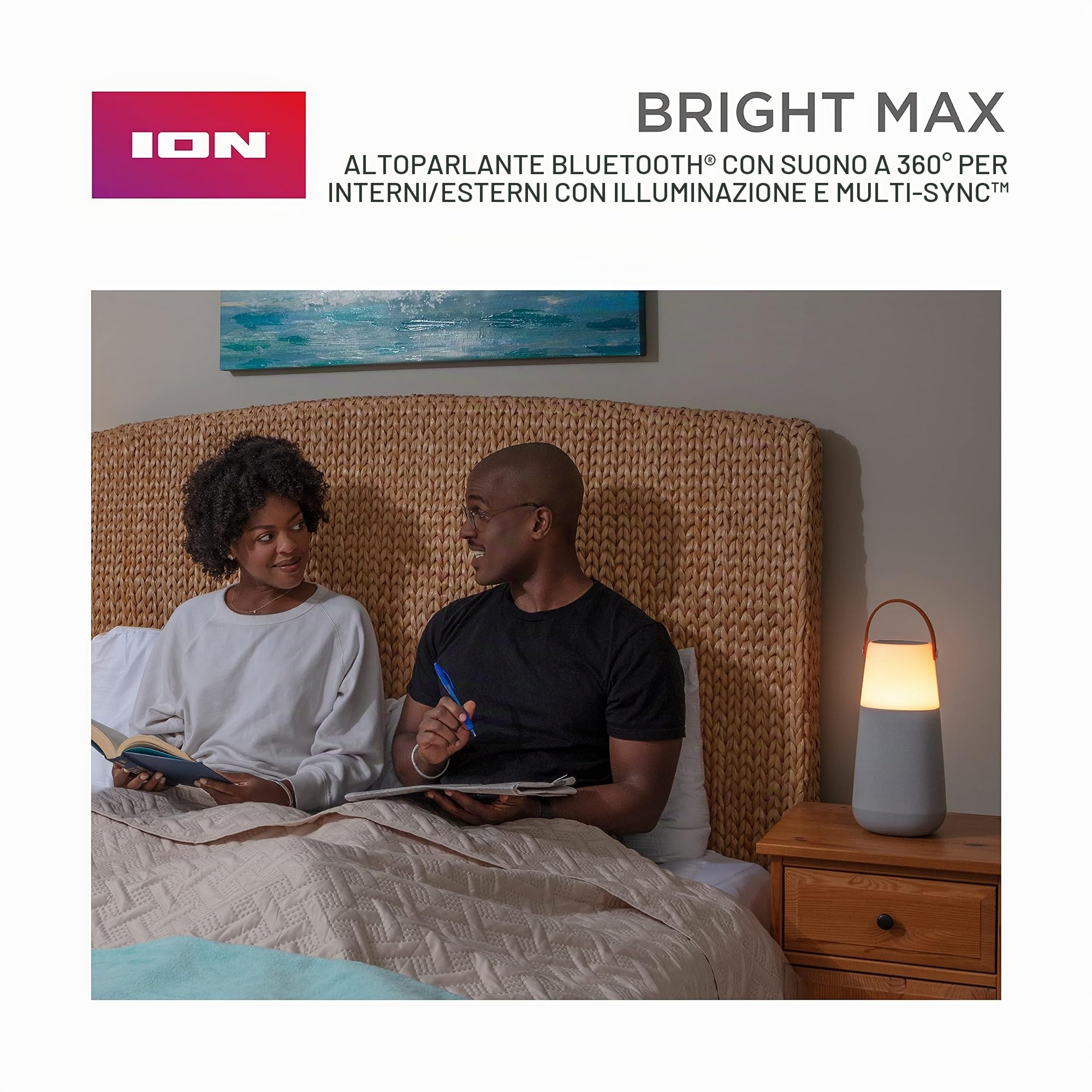 ION Bright Max Altoparlante Bluetooth Portatile Resistente all'Acqua 60W | Suono a 360 Gradi, Illuminazione, Suoni d'Ambiente, Tecnologia Multi-Sync e Batteria Ricaricabile