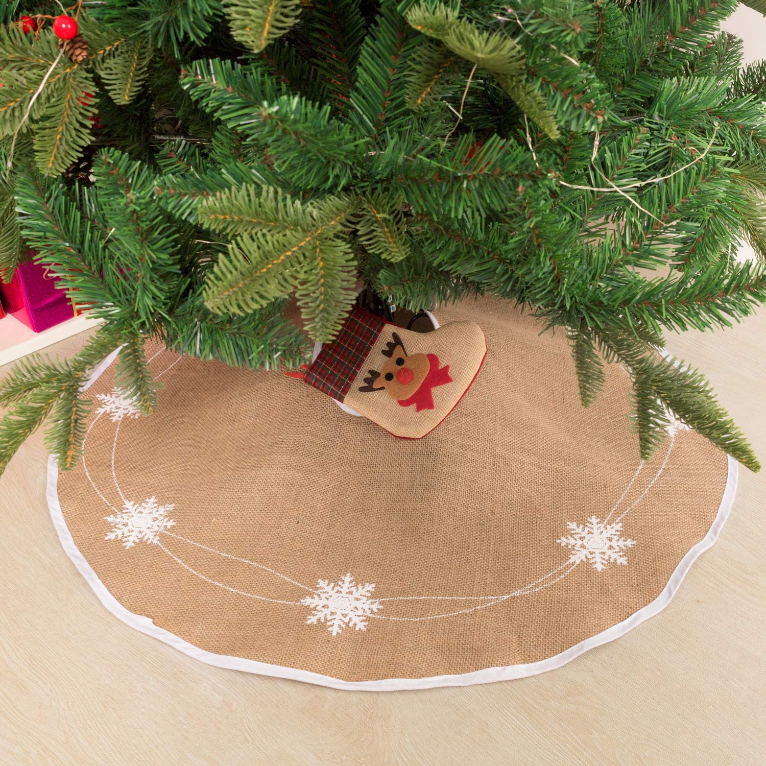 N&T NIETING Manta para árbol de Navidad, 75 cm, falda con copo de nieve blanco, arpillera, manta redonda para decoración navideña