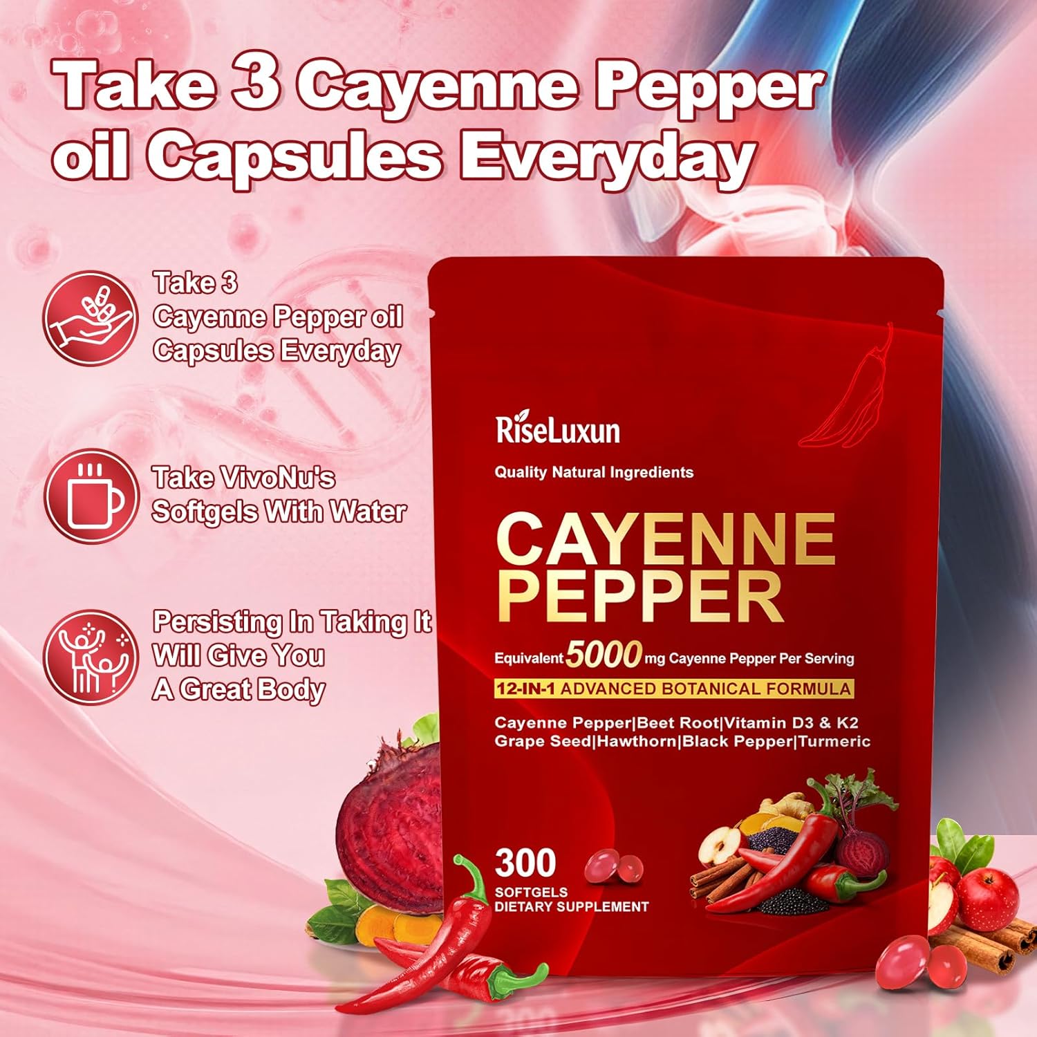 12-in-1 Cayenne Pepper Capsules Supplement*, 5000mg Per Serving Containing | Vitamin D3 K2+E & Extracts of Grape Seed, Hawthorn, Beetroot, Berberine Other Extracts - Image 8