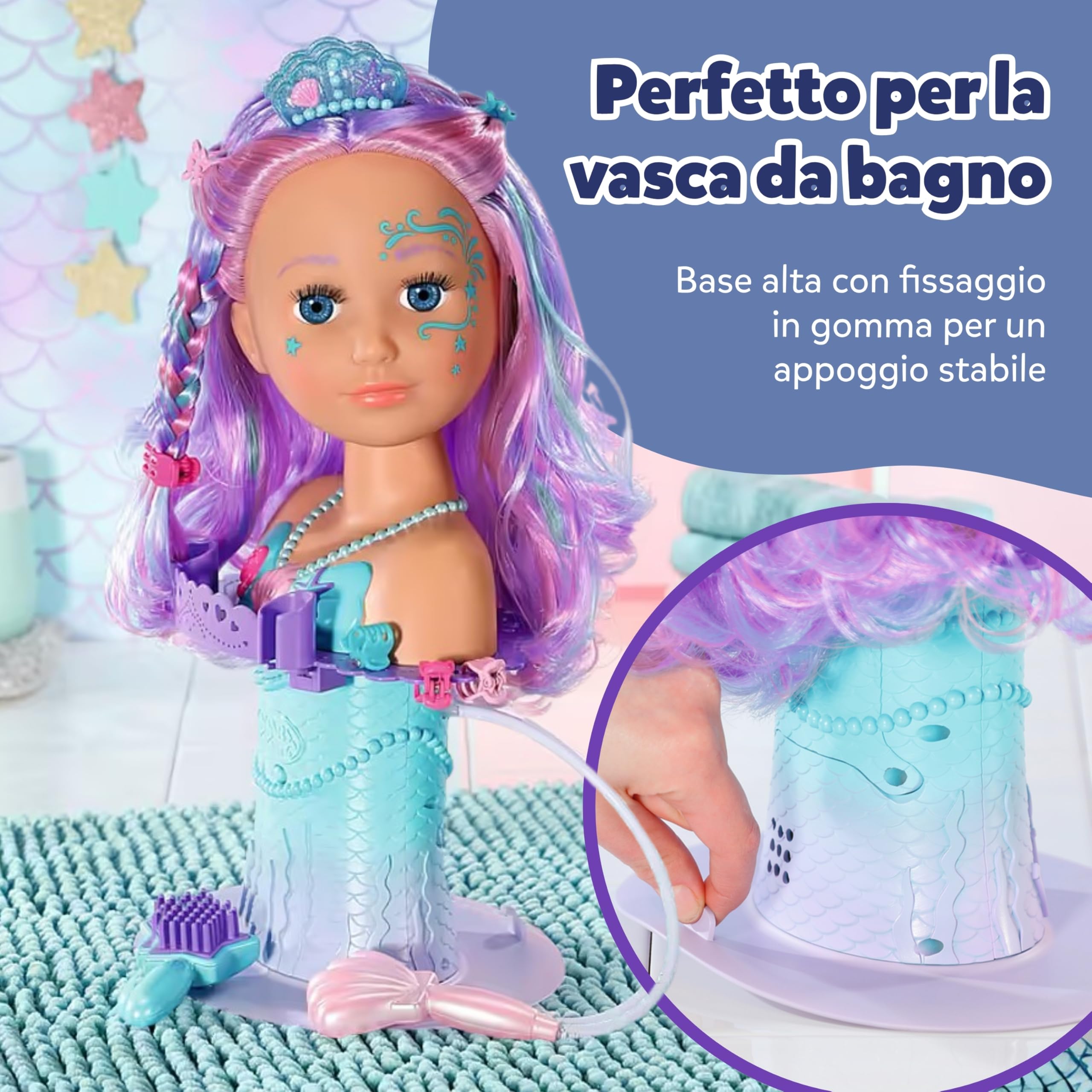 BABY born Testa stilizzata Sirena - Testa da trucco e acconciare per bambine dai 3 anni in su - Girevole e adatta per il bagnetto - Con funzione acqua, spazzola, diadema e accessori