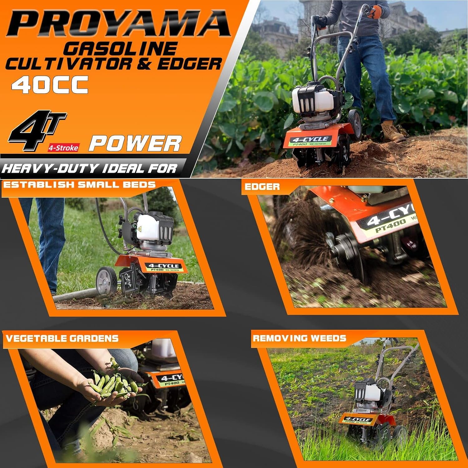 PROYAMA Tiller Cultivator in action, tilling soil in a garden
