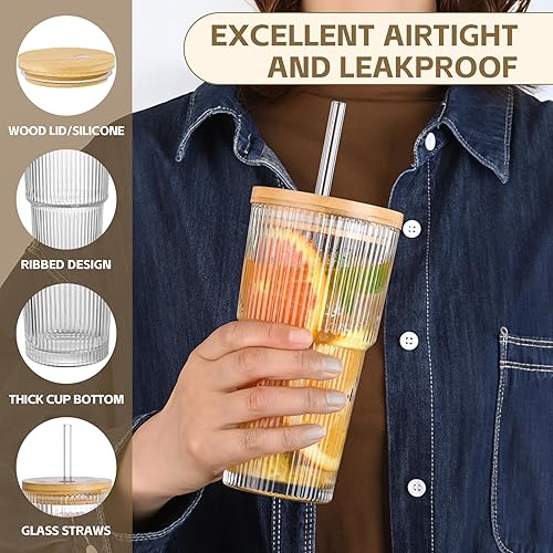 Miniatura 4 de Tazas de café de vidrio acanalado de 20 onzas con tapas y pajita, 4 tazas de vidrio con tapa, tazas de café helado vintage, cristalería para whisky,