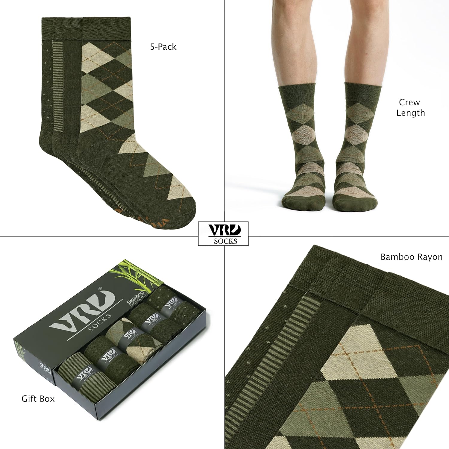 VRD Men’s Dress Socks Bamboo Rayon 5-Pack Crew Socks Fits Shoe Size 8-13 Gift Box - Image 5