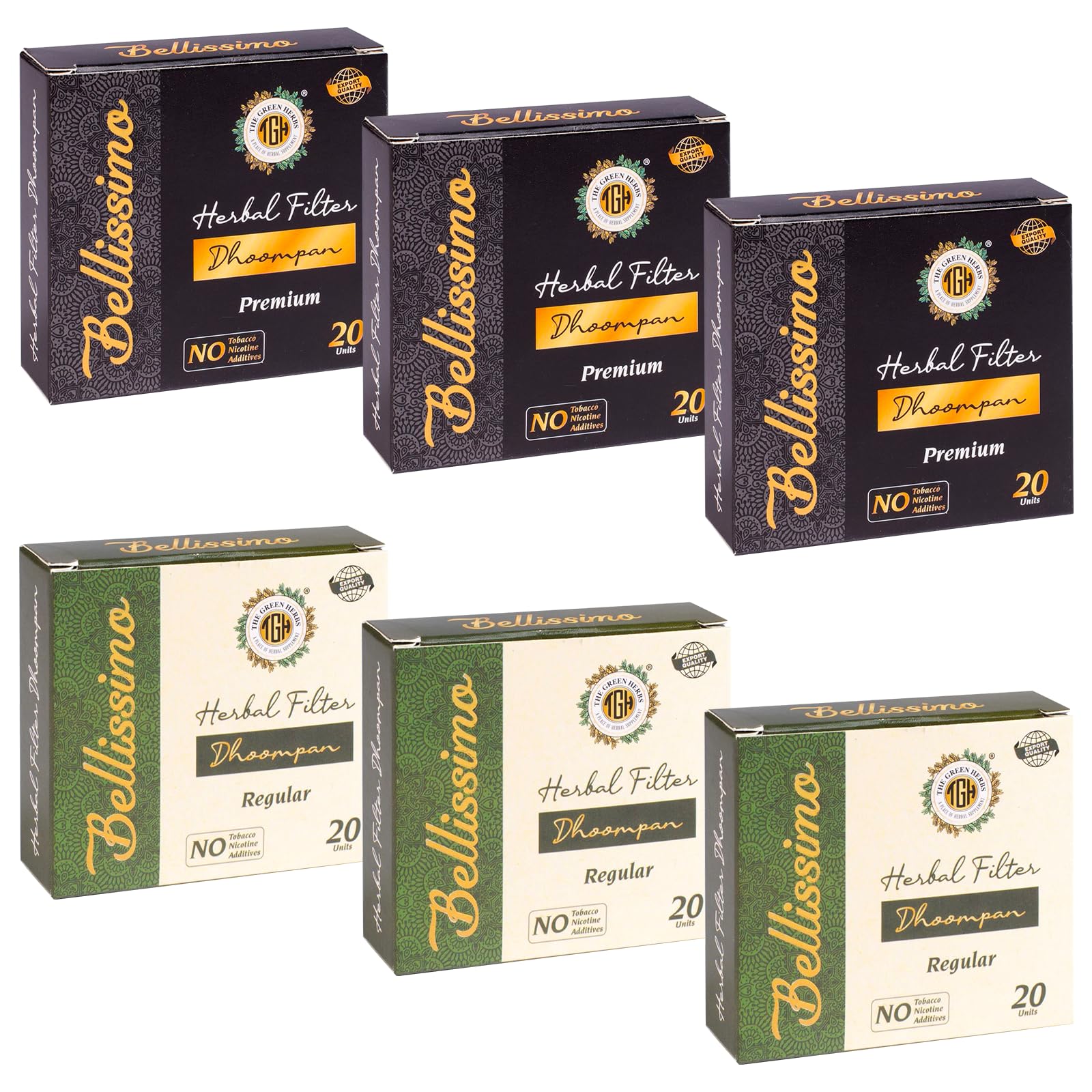 Bellissimo Herbal Cigarette, Tobacco & Nicotine free Herbal Filter Dhoompan, Regular & Premium Flavor, Rolled in Tendu Leaves, Helps Quit, Non-Addictive Cessation, Pack of 6-image-47
