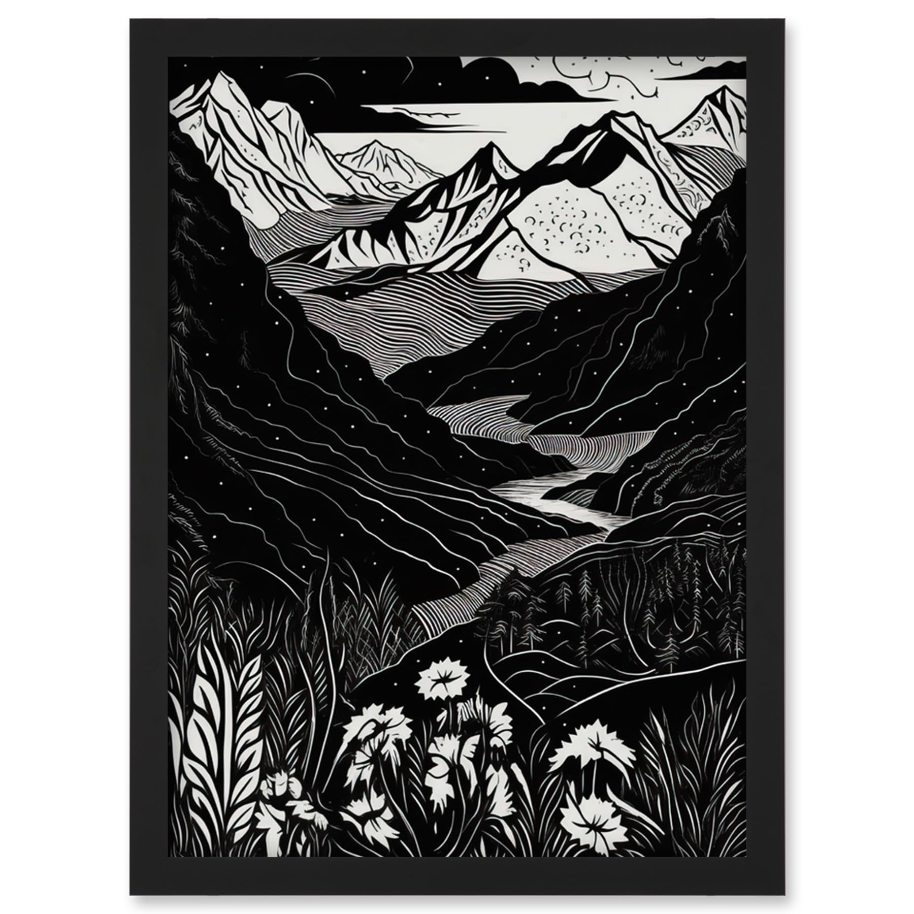 Artery8 Wildflowers in Spring Mountain Landscape Linocut Artwork Framed Wall Art Print A4