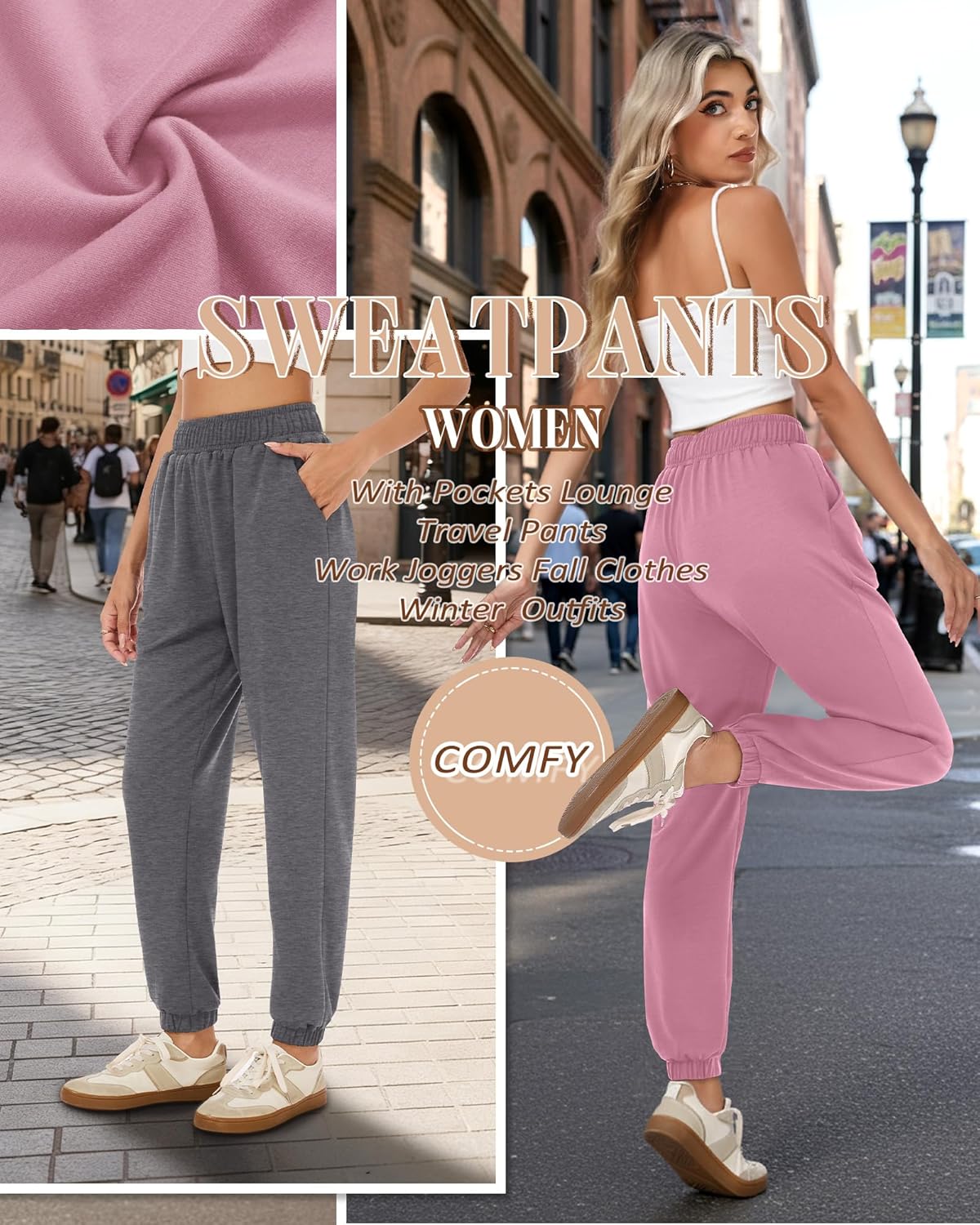 3 Pack Women's Joggers Sweatpants with Pockets, Elastic High Waisted Drawstring Baggy Lounge Trousers Yoga Workout - Image 5