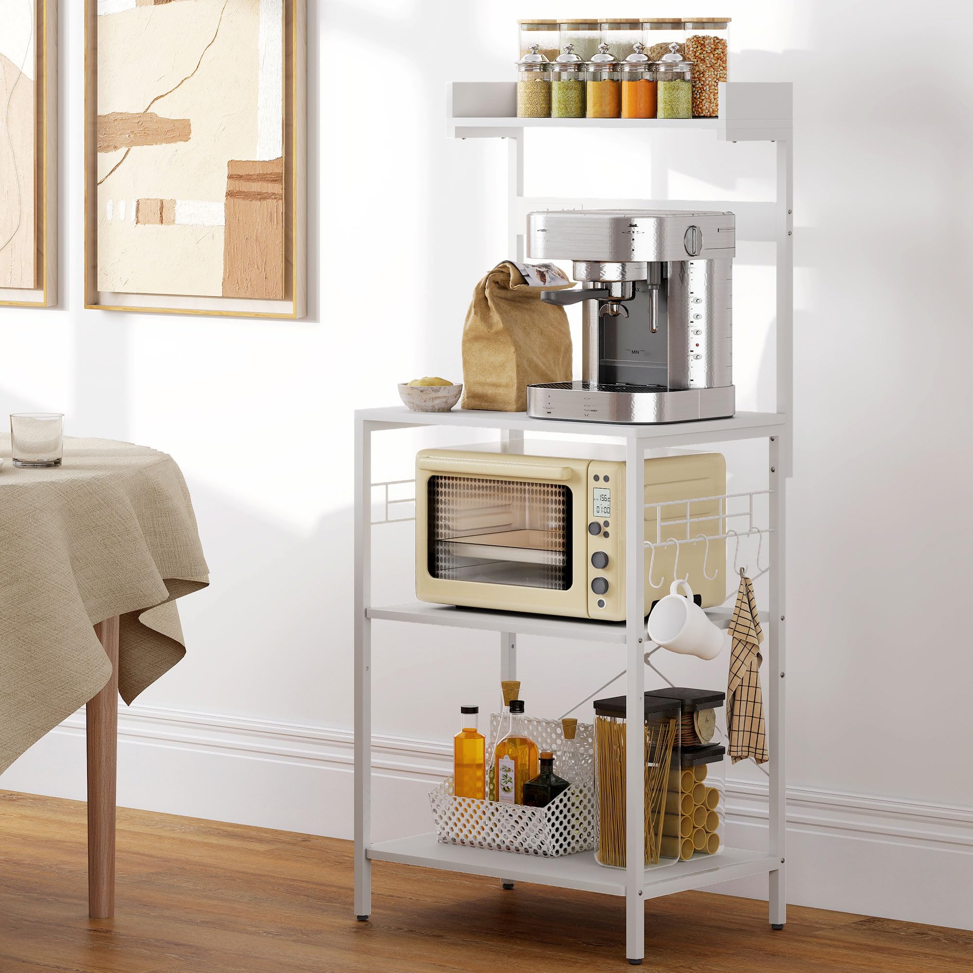 HOMCOM Scaffale da cucina con 2 prese elettriche, scaffale industriale da panetteria con postazione caffè, ripiano per microonde, ripiano regolabile, ganci, 60x42x137 cm, bianco