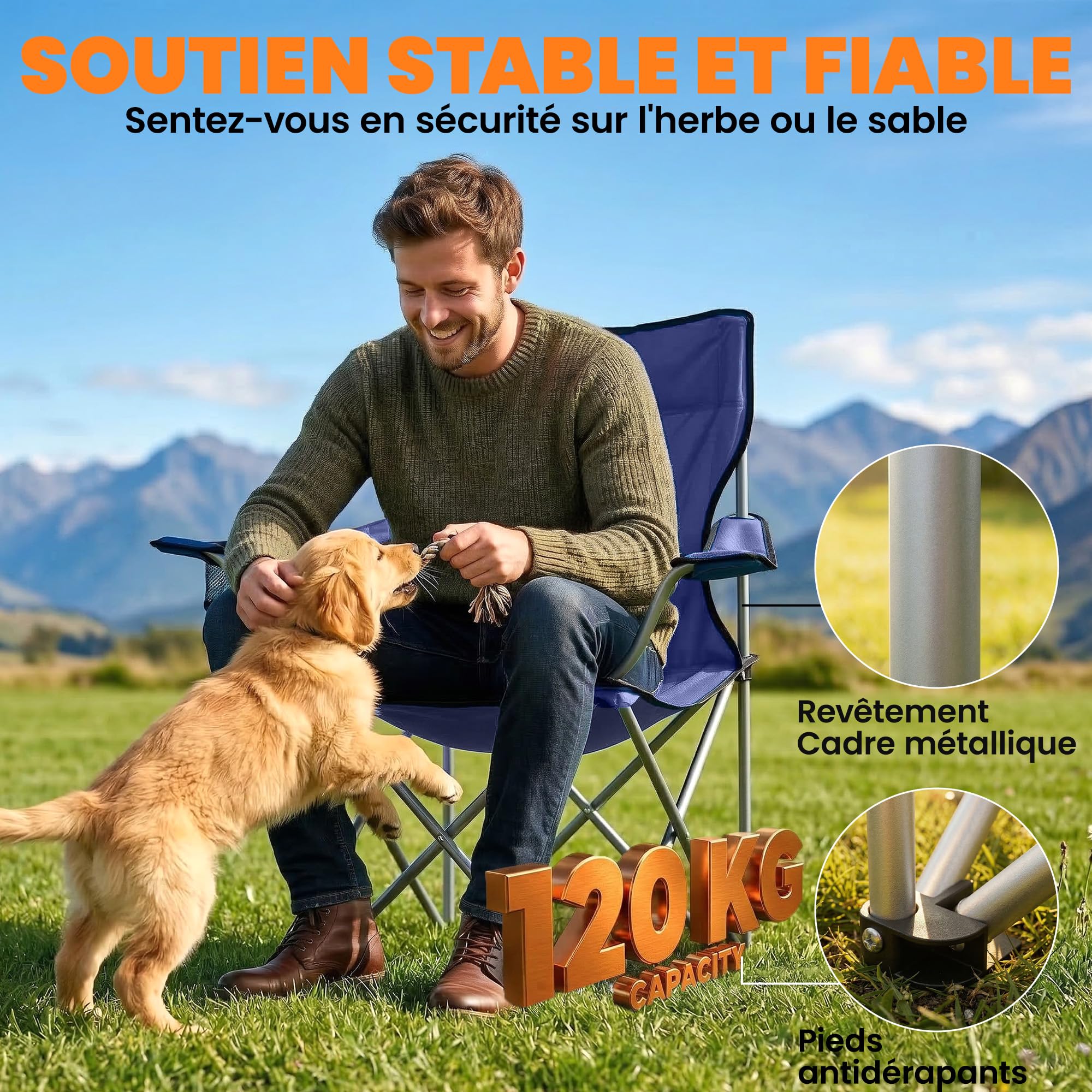 Outsunny Lot de 2 Chaises de Camping Pliantes, avec Porte-Gobelet, Sac de Transport, Accoudoirs et Dossier Haut, Chaise Pliante Camping pour Jardin Pêche, Charge 120 kg, Bleu Foncé