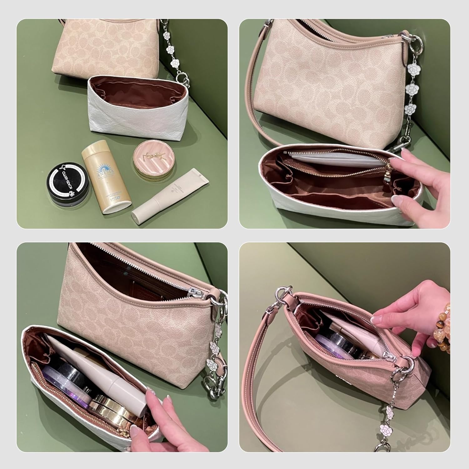 Purse Organizer Insert for Coach Laurel Small Shoulder Bag, Lightweight Water Resistant Bag Organizer with Zipper Pocket, Premium Divider Shaper for Women Tote Handbag, Laurel 19, White-Brown