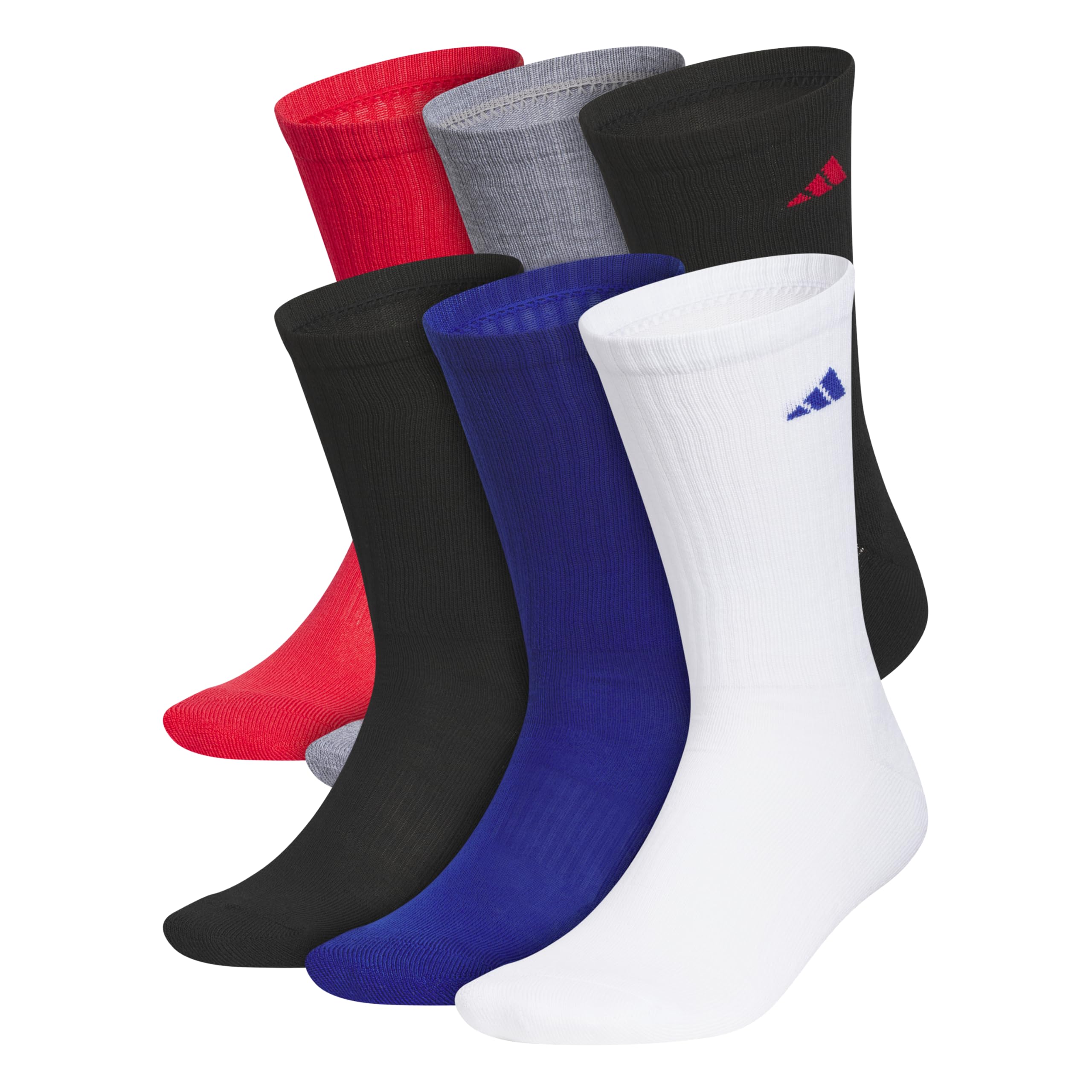 adidas Men's Athletic Cushioned Crew Socks (6 Pairs) Durable & Comfortable Large Pure Ruby Red/Black/Team Royal Blue