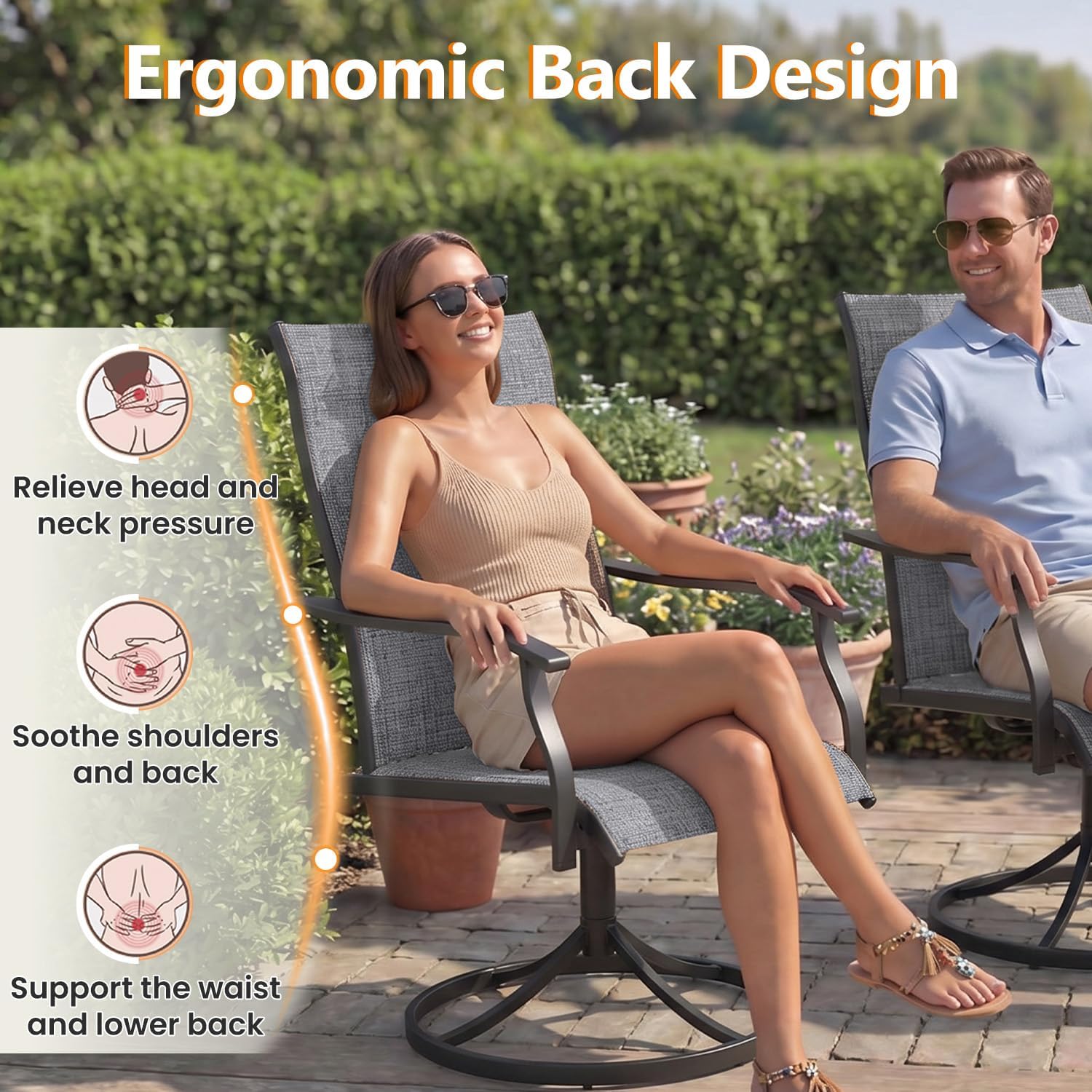 Mdeam Patio Swivel Chairs Set of 2, 360° Swivel, 15° Rocking, Outdoor Dining Chairs with Padded All Weather Quick-Drying Textilene High Back & Metal Frame for Lawn Balcony Porch Garden Backyard, Grey