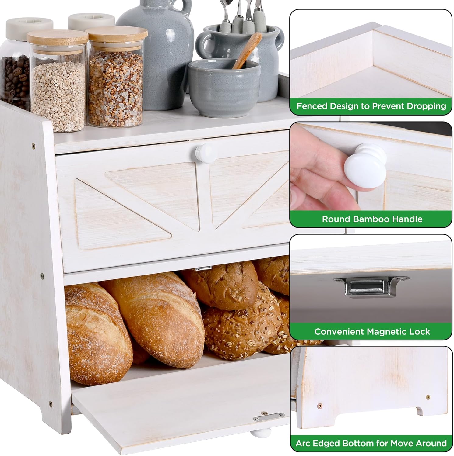 Vintage Double Layer Bread Box for Kitchen Countertop, Bamboo Bread Storage Container, Breadbox for Homemade Bread, Large Capacity Bread Bin(White)