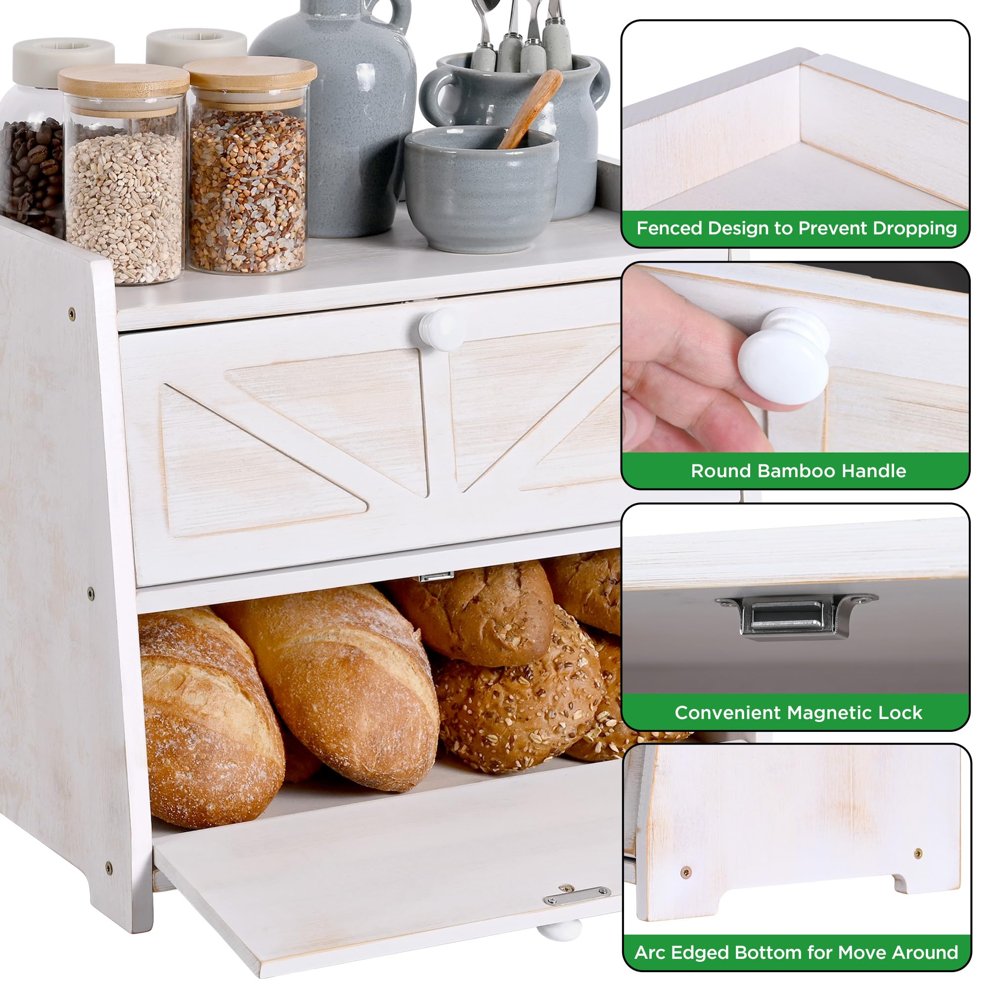 Panera vintage de doble capa para encimera de cocina, contenedor de almacenamiento de pan de bambú de gran capacidad (blanco)