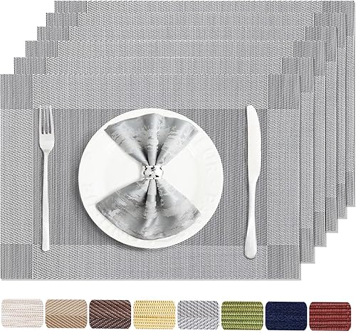 Miniatura 20 de Juego de 6 manteles individuales lavables y limpiables para mesa de comedor, cocina, interior y exterior, manteles individuales de vinilo tejidos,