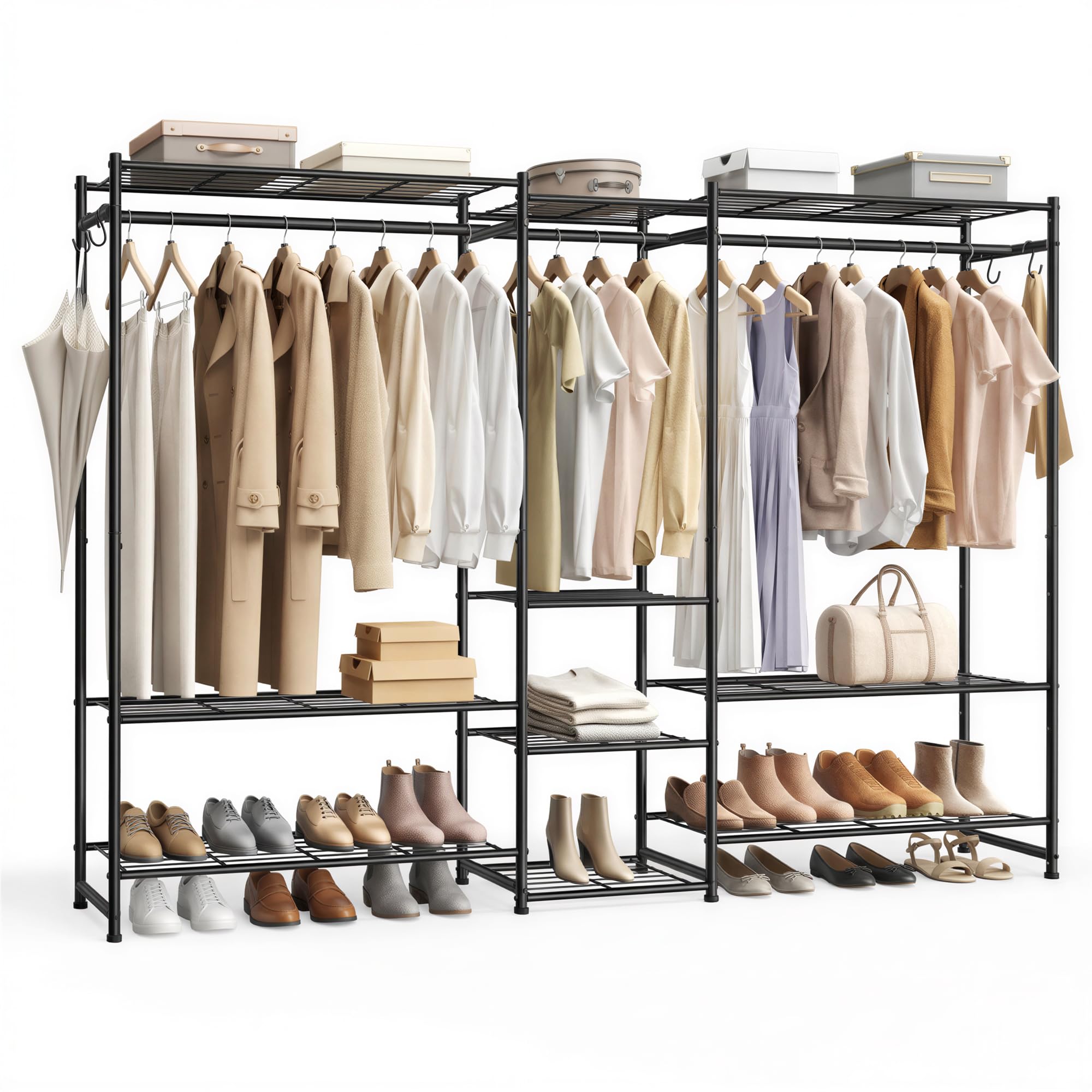 SONGMICS Portable Closet Wardrobe Heavy-Duty Clothes Rack Freestanding Clothing Rack with 10 Shelves 3 Hanging Rods 4 S