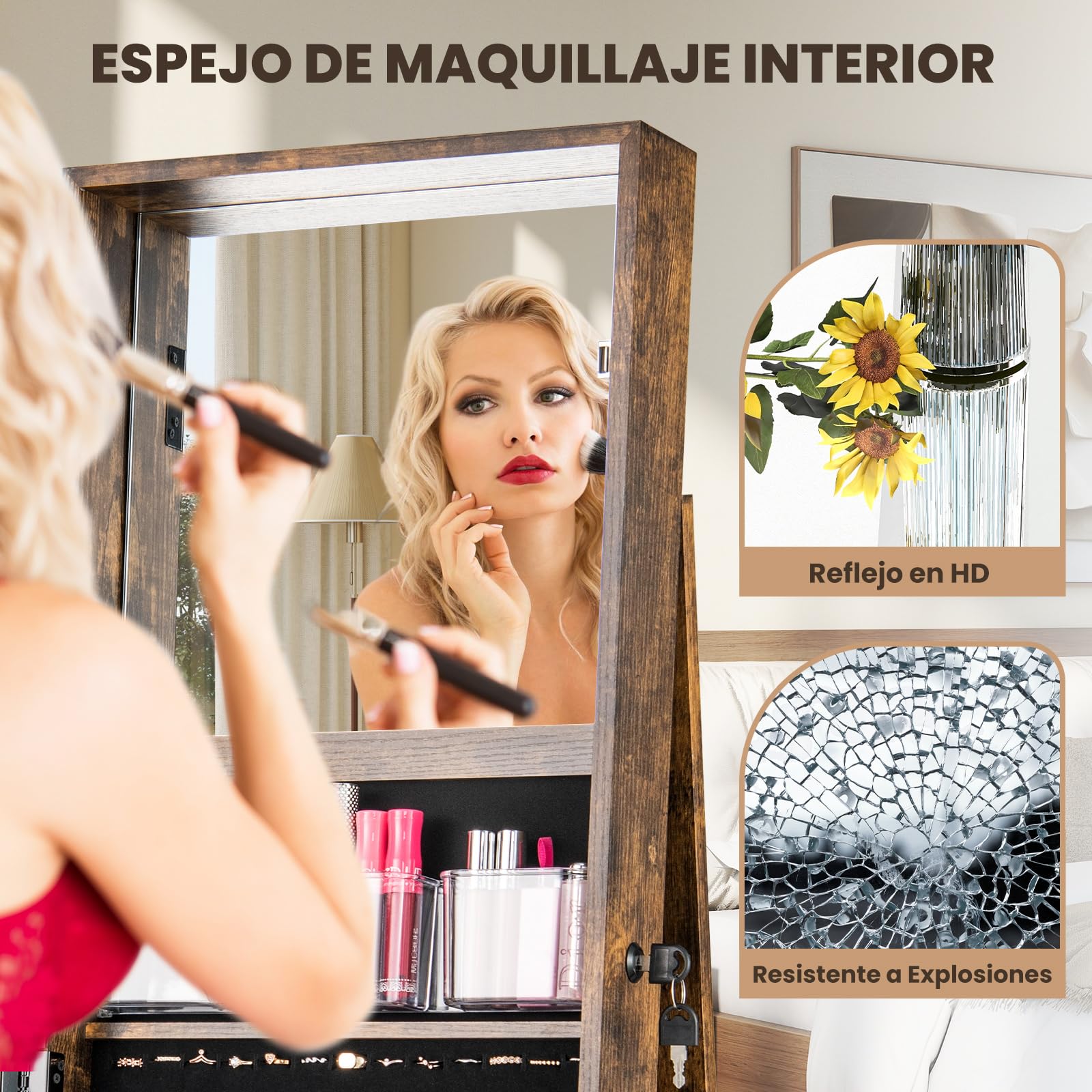 COSTWAY Armario para Joyas Giratorio 360°, Espejo Joyero de Pie con Estantes Traseros, Espejo de Maquillaje Integrado, 3 Cajas y 2 Bolsillos con Cremallera para Dormitorio (Marrón)