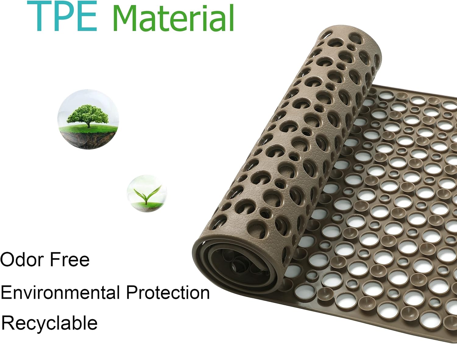 Mantto Nonslip Bath Tub Shower Mat with Suction Cups, Extra Soft TPE Bath Mat for Kids, Bathtub Bathroom Mats, Machine Washable, Smooth/Non-Textured Tubs Only, 35L x 16W Inch(Brown)