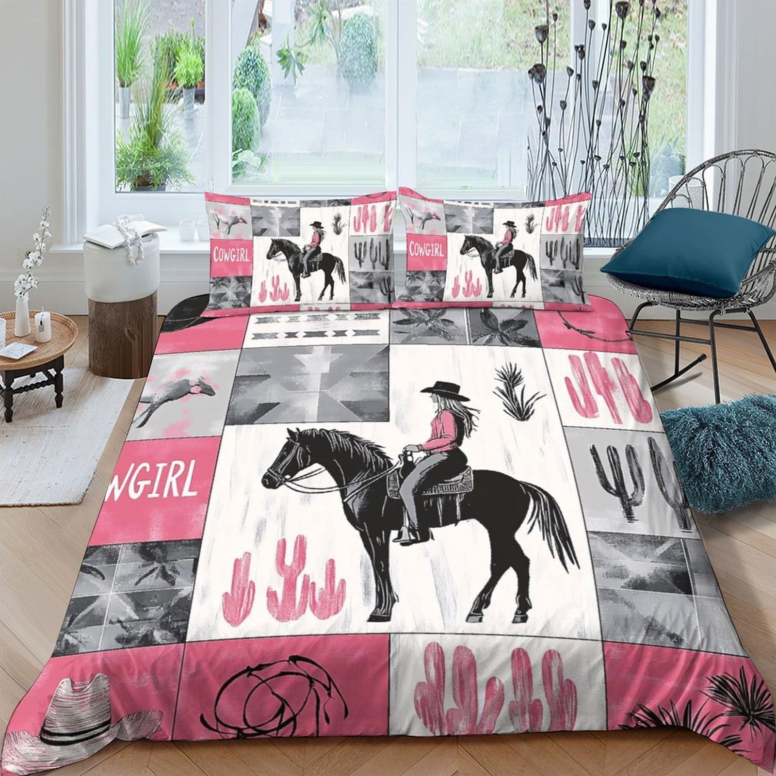 Ctjqhvkz Style-2 3D Printed Western Cowboy Fitted Sheet Microfiber Pink Black Horse Cactus Bed Cover For Bedroom Dorm Decor Single（135X200cm）