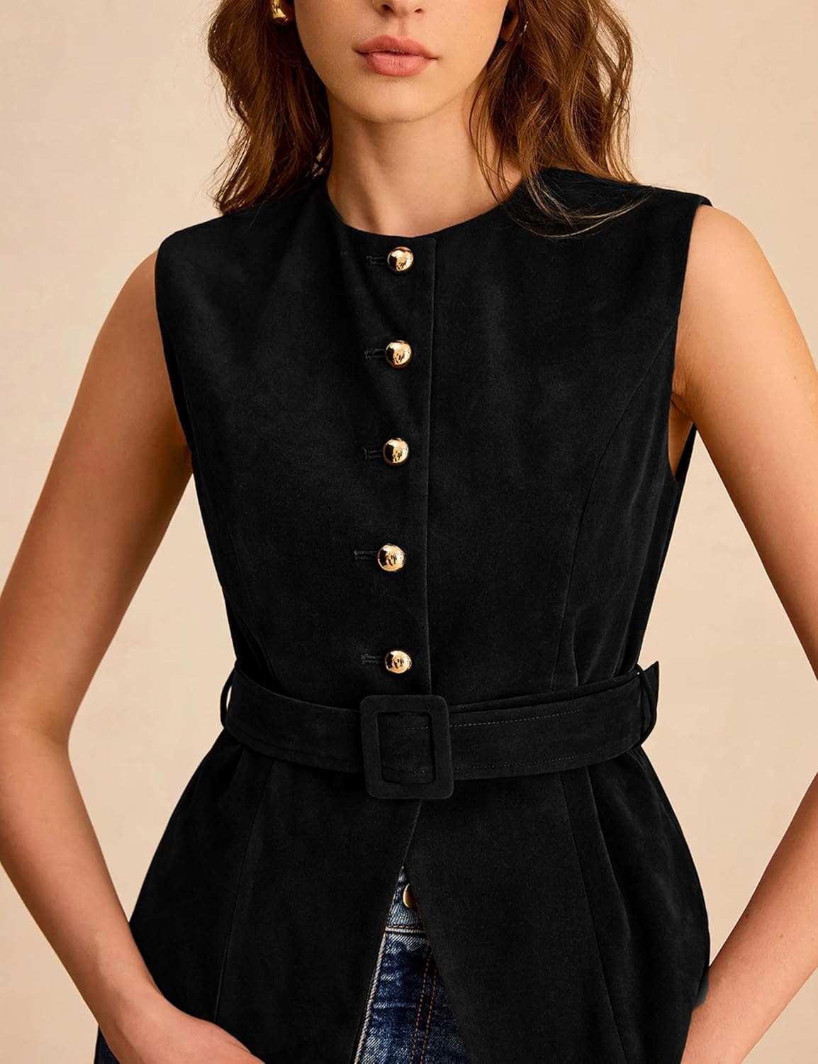 Lentta Womens Suede Vest Crew Neck Sleeveless Button Down Dressy Suit Waistcoat with Belt - Image 3