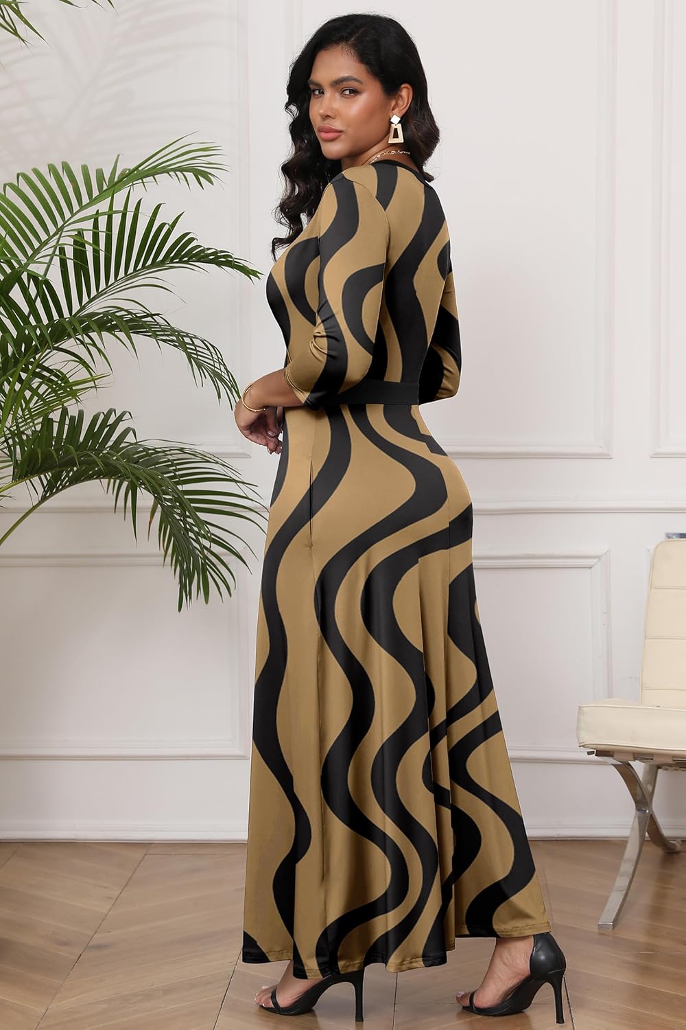 FANDEE Maxi Dresses for Women Long 3/4 Sleeve Flowy Casual V Neck Empire Waist Dress with Pockets - Image 5