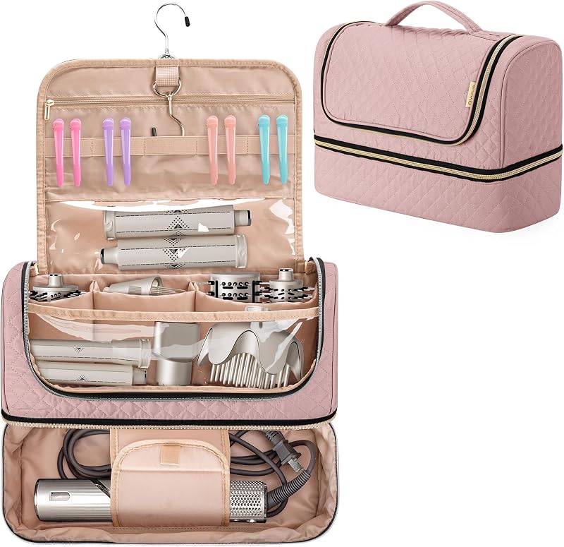 Yarwo Airwrap Carrying Case Compatible for FlexStyle Styling (HD 430/440) | Double Layer Travel Storage Bag for Flexstyle/Airwrap and Hair Styler Attachments, Hanging Hook, Gifts for Women, Dusty Rose