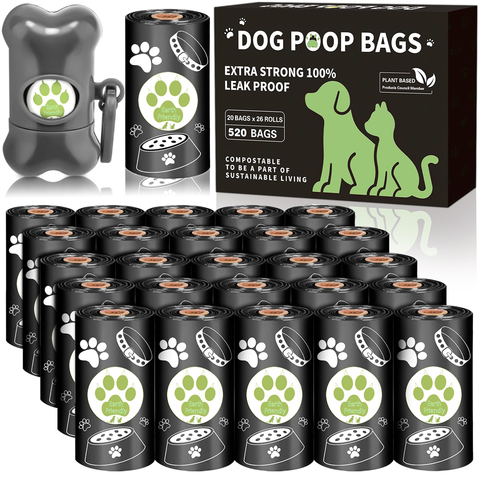 JEDWKFA Bolsas Caca Perro, 520 Pcs Bolsas Perro, 26 Rollos Bolsas Excrementos Perros + 1 Porta Bolsas Caca Perro, Espesado, a Prueba de Fugas Dog Poop Bags, 30 * 20 CM, Negro, Aroma de Limon