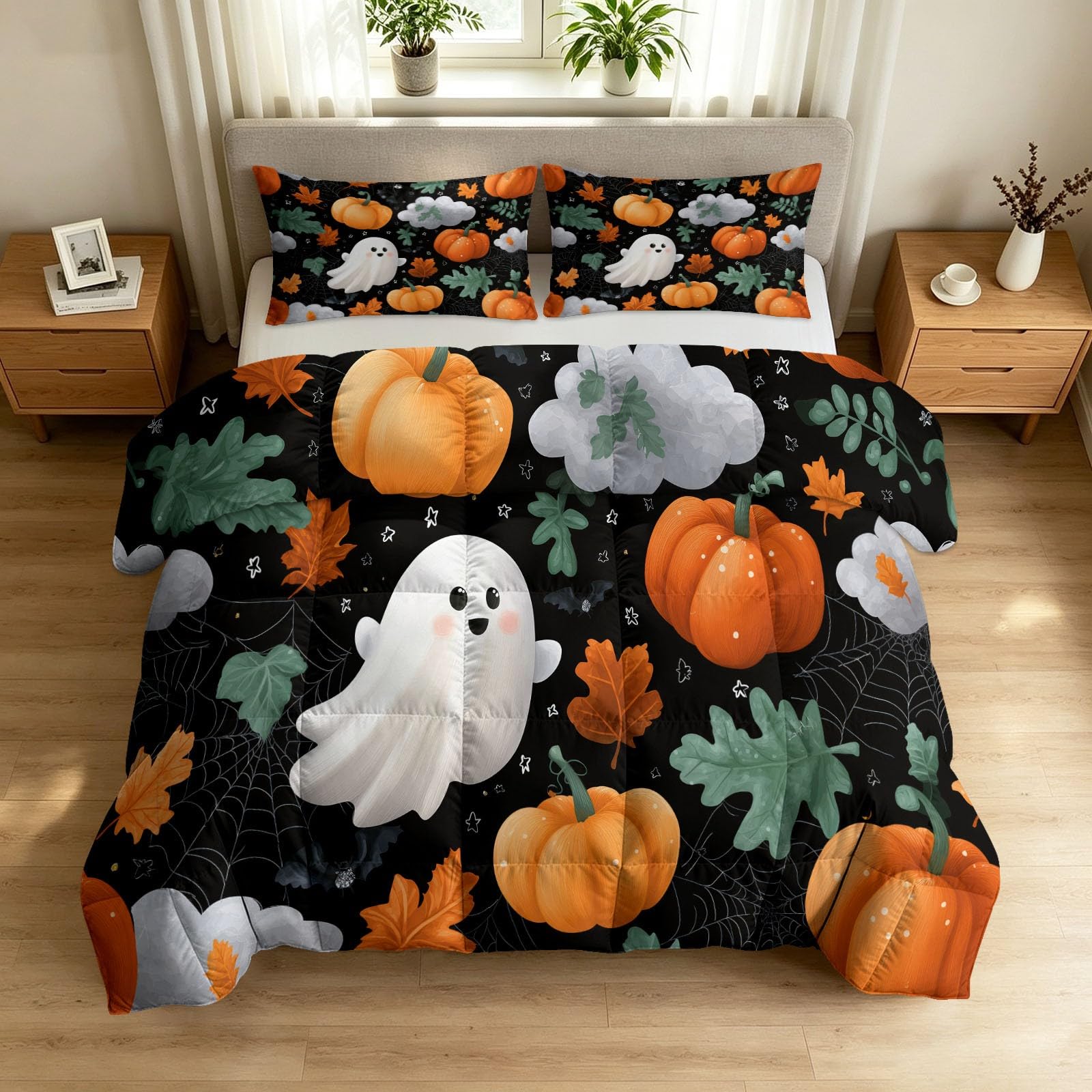 Juego de cama de Halloween de dibujos animados para noches acogedoras de otoño