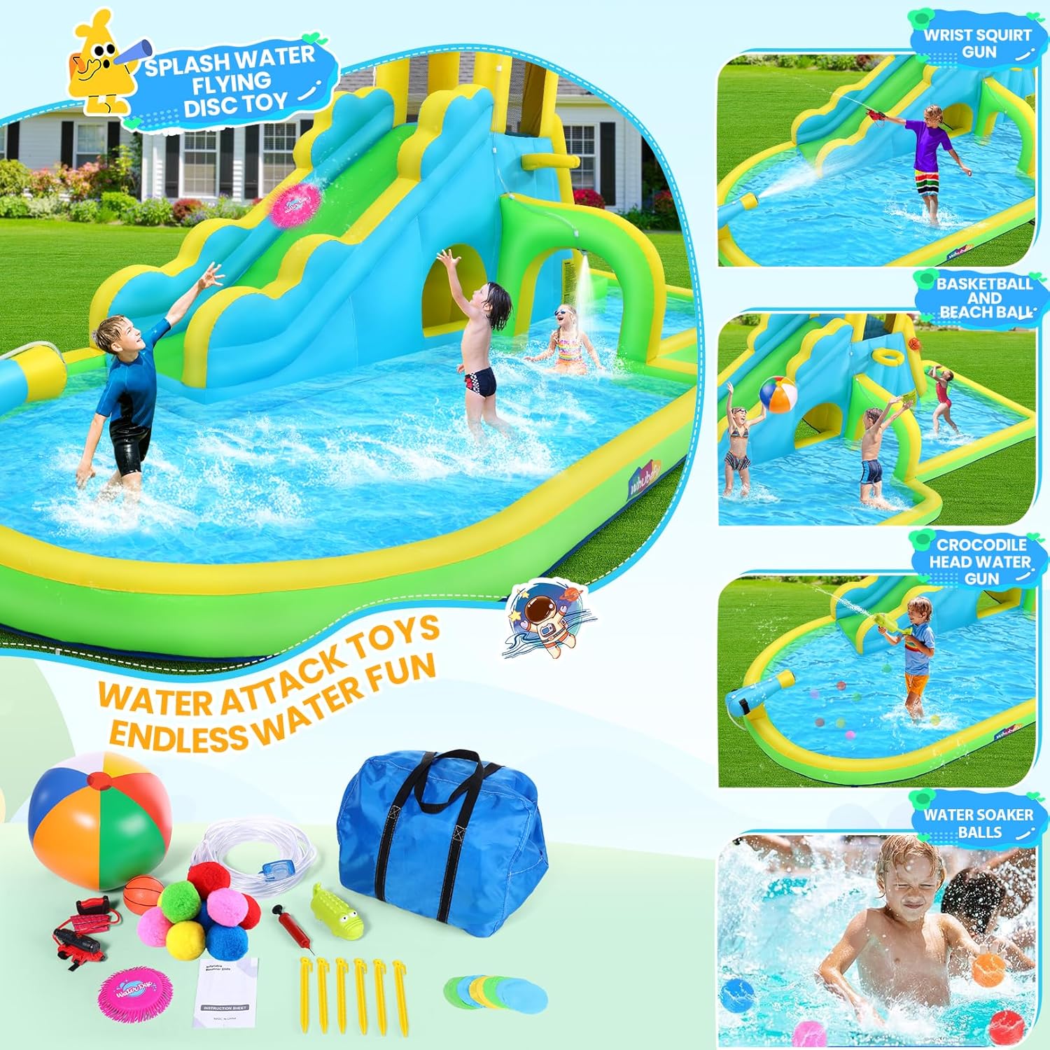 Whubefy 16.4x10 FT Mega Inflatable Water Slide for Kids Backyard w/Long Slide & Tunnel, 13-in-1 Blow Up Waterpark w/Giant Splash Pool, Climbing Wall, Obstacle Door, Basketball Rim, Water Cannon