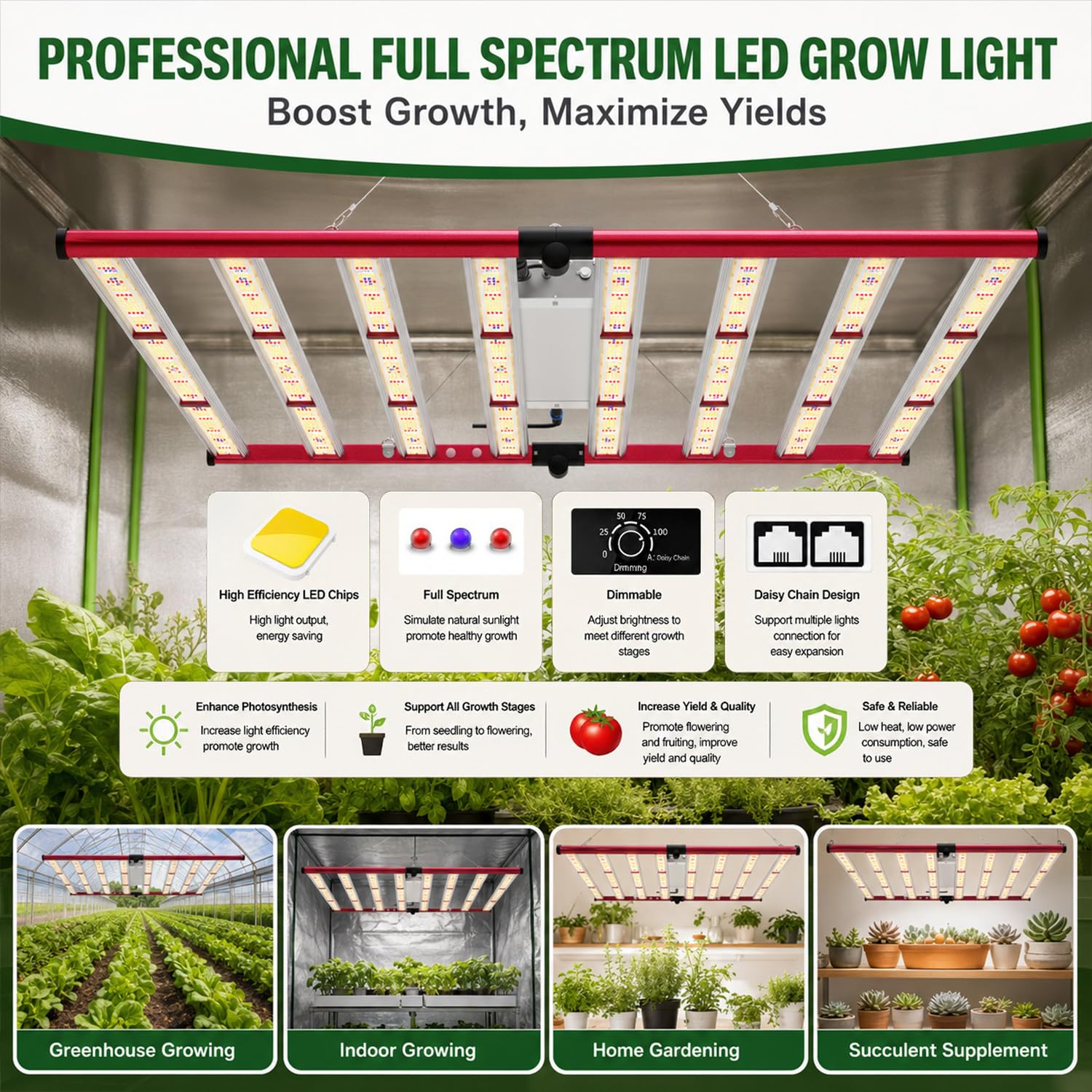 AGLEX 800W Luces de Cultivo, LED Grow Light Luz de Espectro Completo con UV IR, Enlace en Cadena Daisy, Estilo de Barra de Luz de Plantas Plegable y Regulable, Cobertura Central 6x6 pies