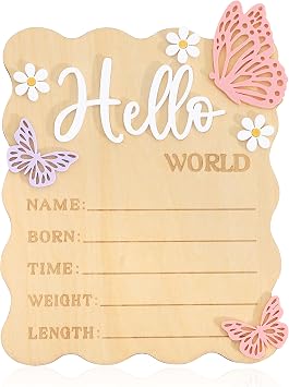 Butterfly Daisy Hello World Board - Little Butterfly Birth Announcement Sign,Wooden Hello World Card for Hospitals,Newborn Birth Information Record Board,Daisy Nursery Decorations Photo Props