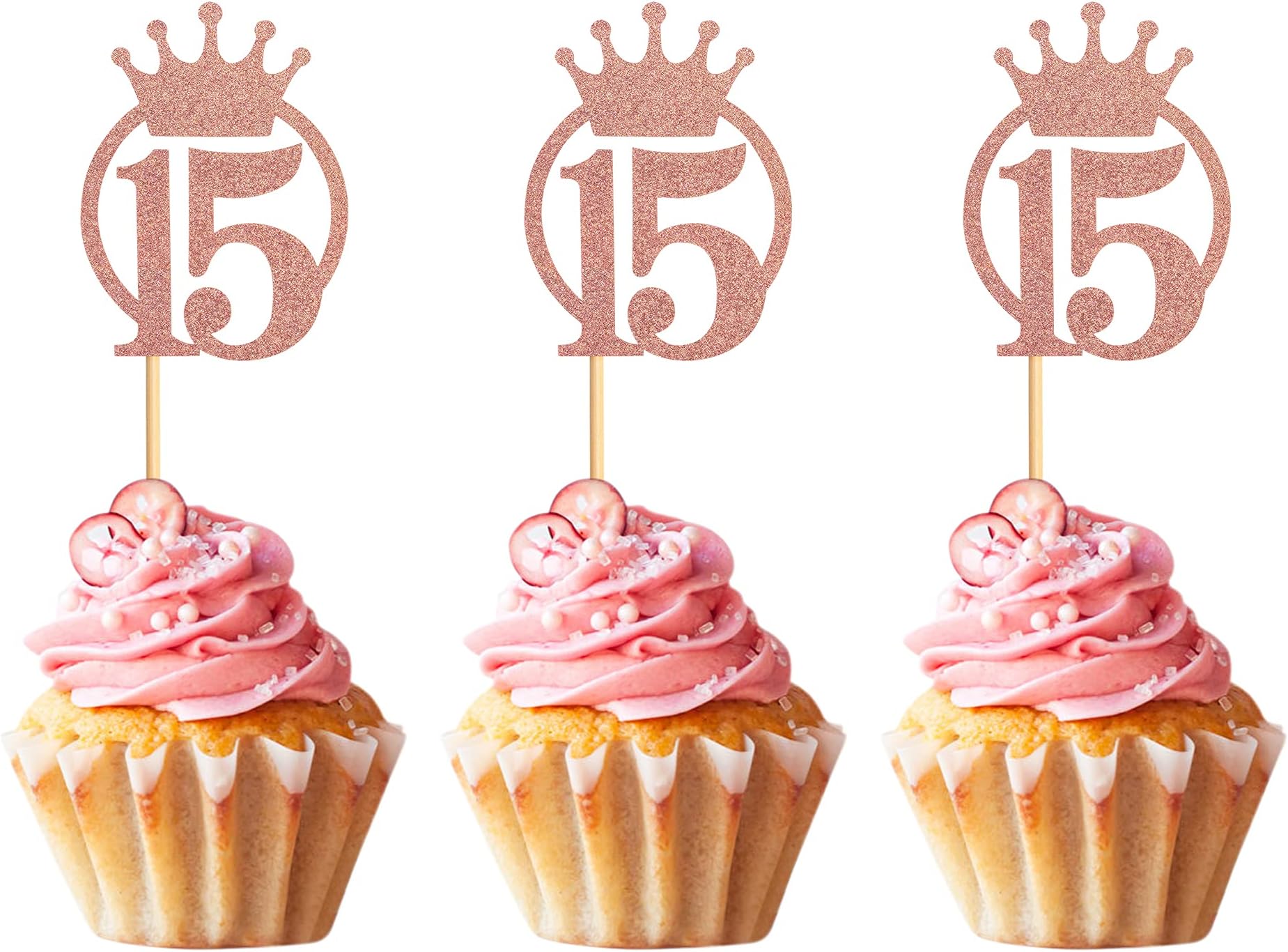 UNIMALLPack of 24 Rose Gold Glitter Number 15 Cupcake Toppers with Crown 15th Birthday Party Cupcake Toppers Fifteen Years Old Birthday Children Mis Quince Party Decoration, S