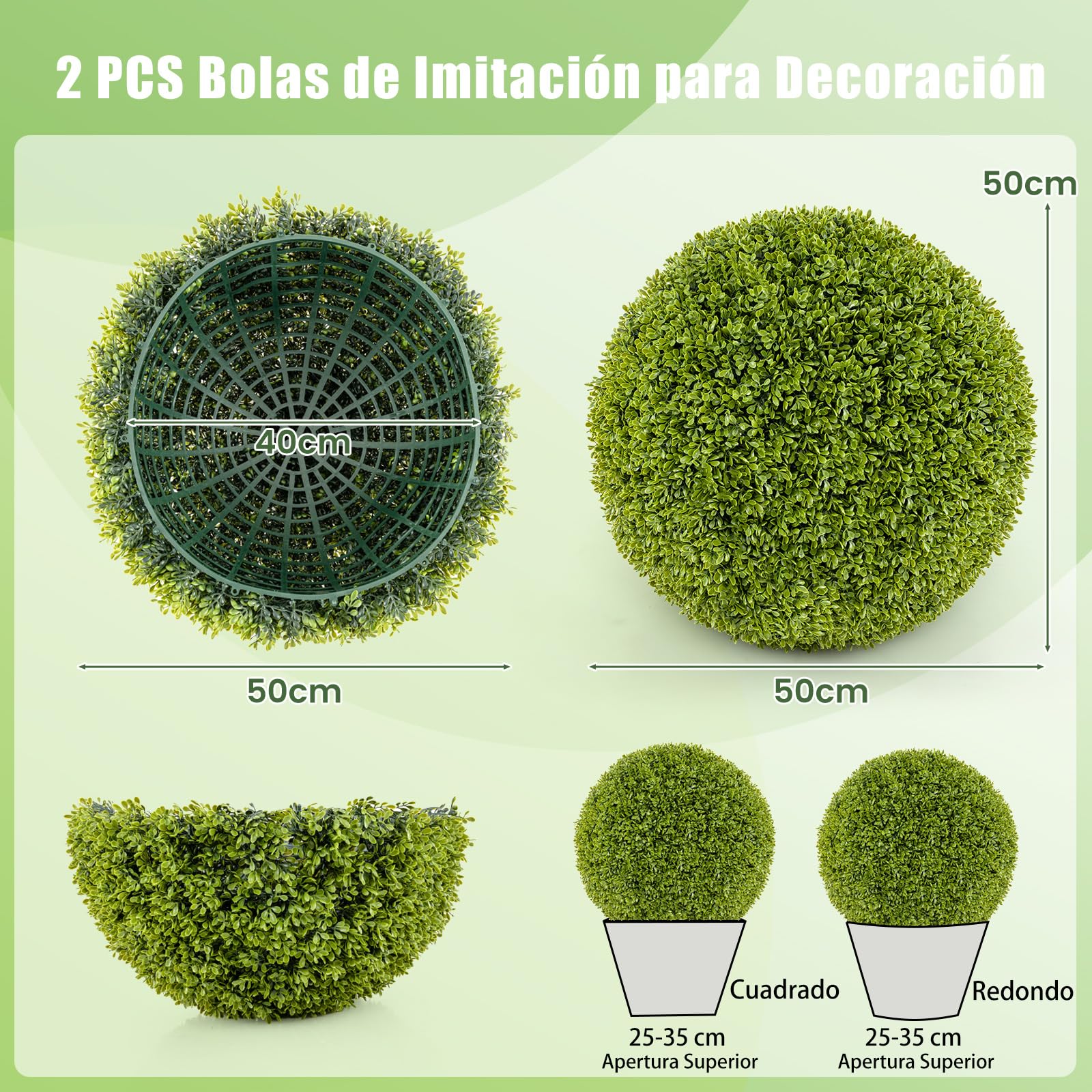 COSTWAY Juego de 2 Bolas de Topiario Artificial de Boj, Bolas de Plantas Falsas para Interior y Exterior, Bolas Topiarias Protectoras contra el Sol, Decoración para Jardín, Hogar y Bodas (50cm)